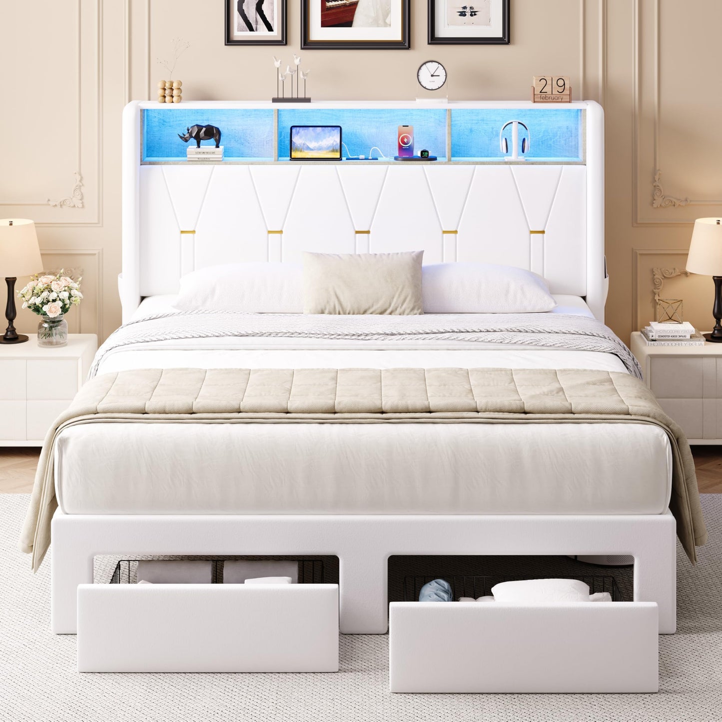Allewie Full Bed Frame with 2-Tier Storage Headboard, Charging Station & LED Lights, Velvet Upholstered Platform Bed with 2 Drawers, Wingback Headboard, Gold Button Tufted, No Box Spring Needed, White