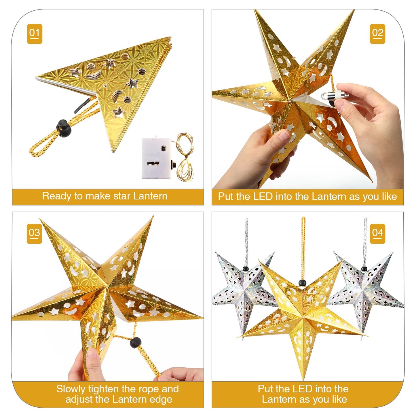 Zhanmai 10 Pcs 3D Paper Star Lanterns with 20 LED Lights, Gold & Silver Hanging Decoration for Christmas and Independence Day