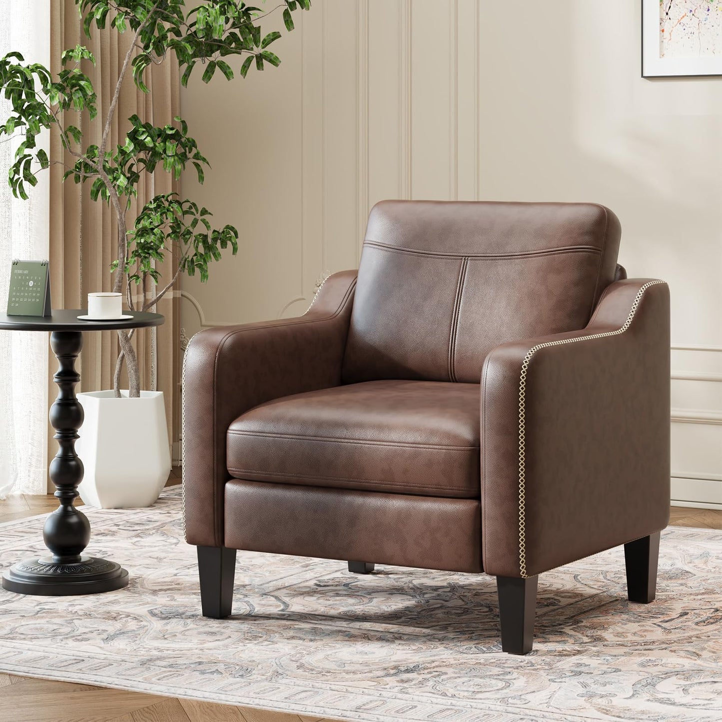 MALOL PU Leather Accent Chair Set of 2, Mid-Century Modern Living Room Armchair Sofa with Removable Cushions & Stitched Armrest Design, Bedroom Chair with Plastic Legs, Chocolate Brown