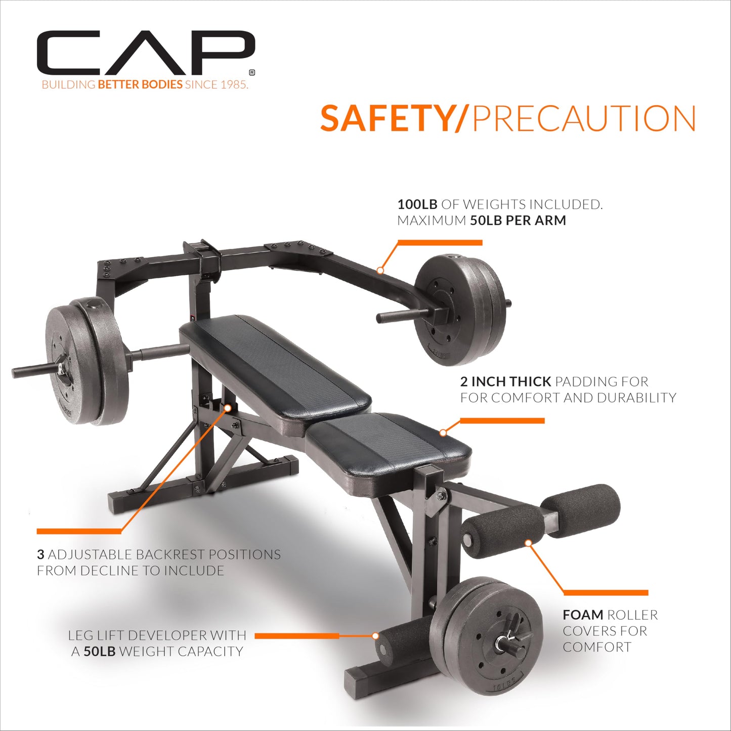 Cap Leverage Weight Bench with 100 LB Vinyl Weight Set, Adjustable Strength Training Bench with Leg Developer, Multi-Position Home Gym Bench Press with Vinyl Cement Plates & Spring Collars