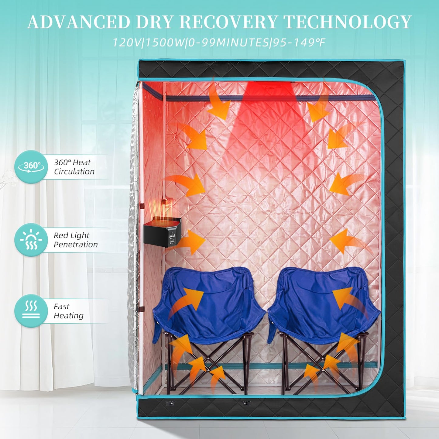ZONEMEL Upgrade Portable Hot Air Sauna, 1 or 2 Person Home Sauna, 1500W & 149°F Dry Sauna Box, with 660nm Red Light Therapy, Folding Chairs (110V)