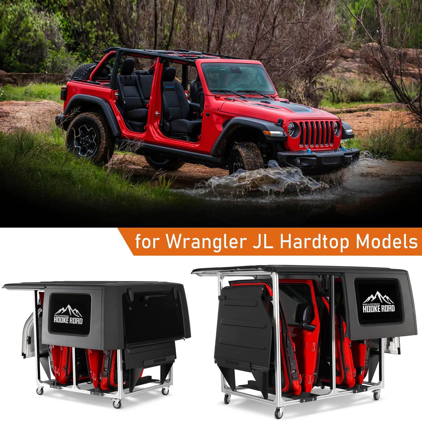 Hooke Road Doors and Hardtop Holder Movable Cart Storage Rack for 1997-2026 Jeep Wrangler TJ JK JL Gladiator JT & 2021-2026 Ford Bronco (2/4 Doors Hardtop Only)