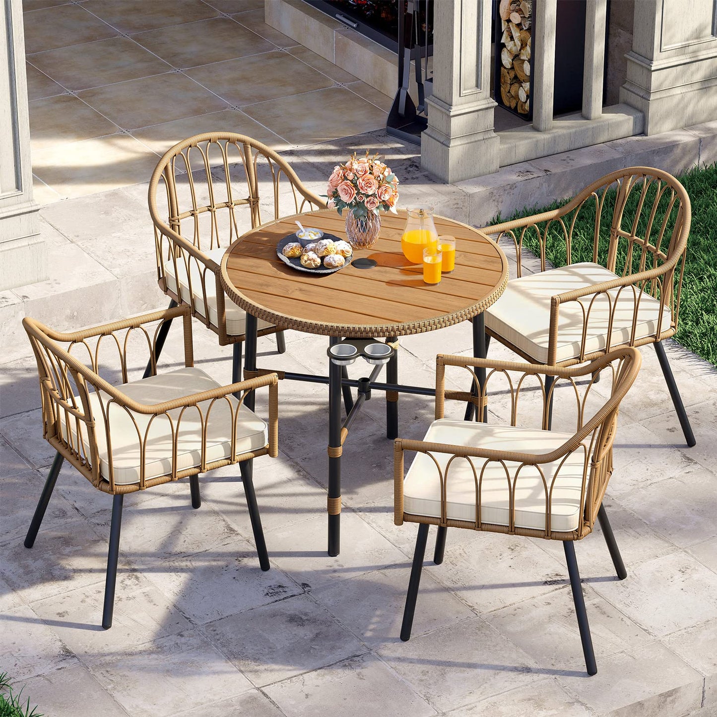 YITAHOME 4 Pieces Rattan Wicker Dinning Chairs, Outdoor Indoor Patio Furniture Set with Cushion and Curved Back All Weather Bistro Chair for Garden Backyard Porch Poolside Restaurant