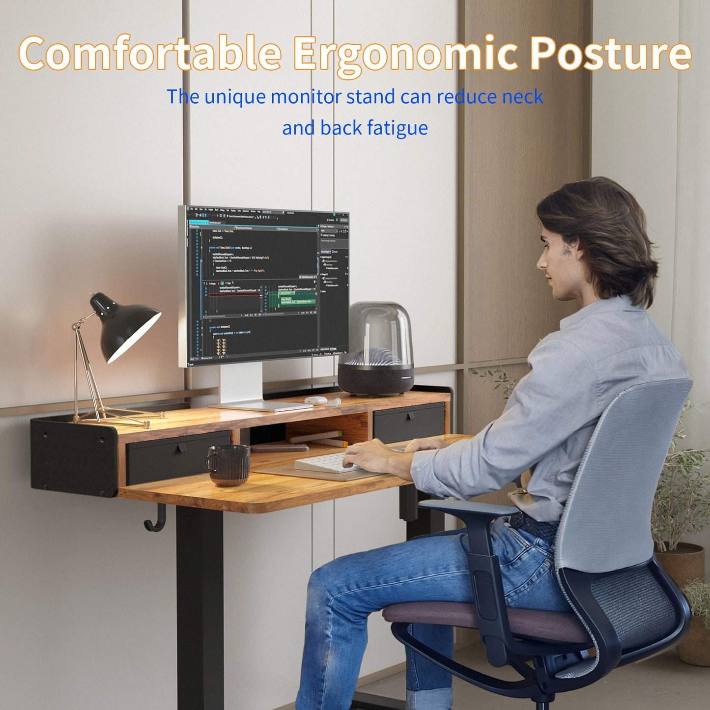 YIHAYO Low Height Adjustable Desk with Drawers, Lifts 18.1-28.3 Inches, Electric Standing Desk with Storage Shelf for short people, 40 x 24 Inches Table with Splice Board for Home Office, Rustic Brown