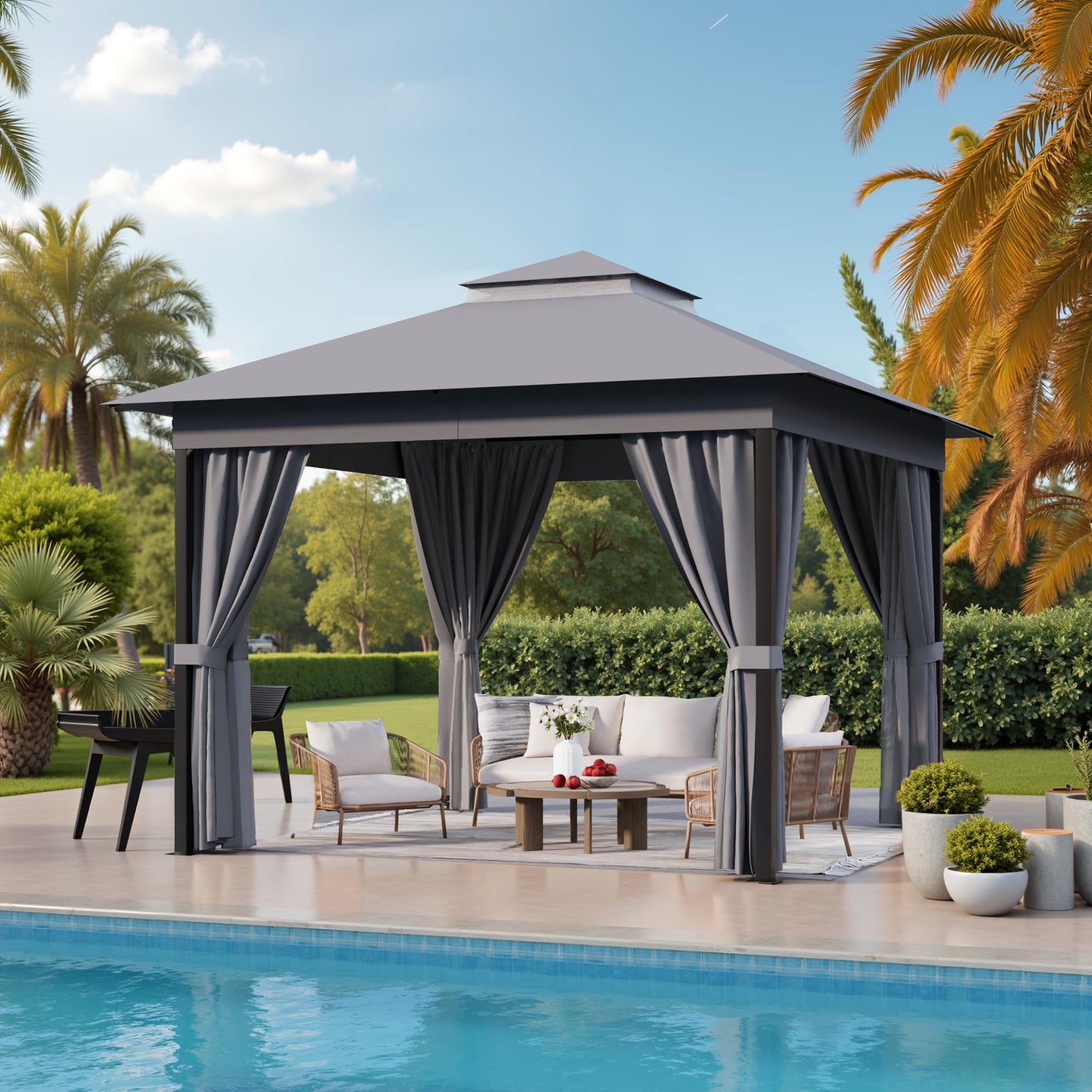 Devoko Outdoor 10'x 10' Gazebo, Soft Top Deck Gazebo with Mosquito Netting, Heavy Duty Metal Frame Canopy with Expansion Bolts and Double Roofs，Party Tent & Shelte for Backyard, Garden (Grey)