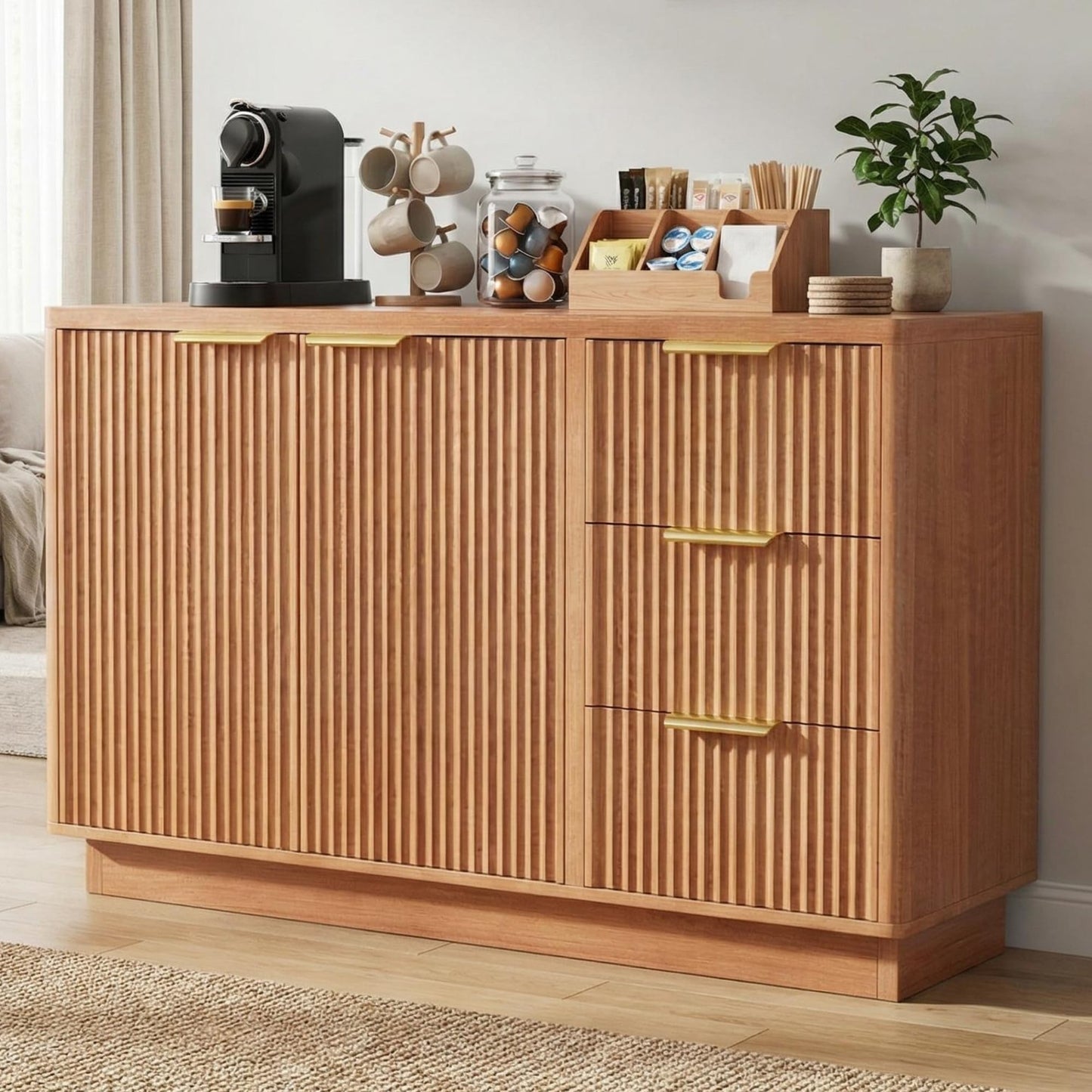 IDEALHOUSE 47" Fluted Sideboard Buffet Cabinet, Coffee Bar Cabinet with 2 Drawers & 3 Doors, Large Capacity Storage Sideboard for Living Room Kitchen Hallway, and Entryway, Natural