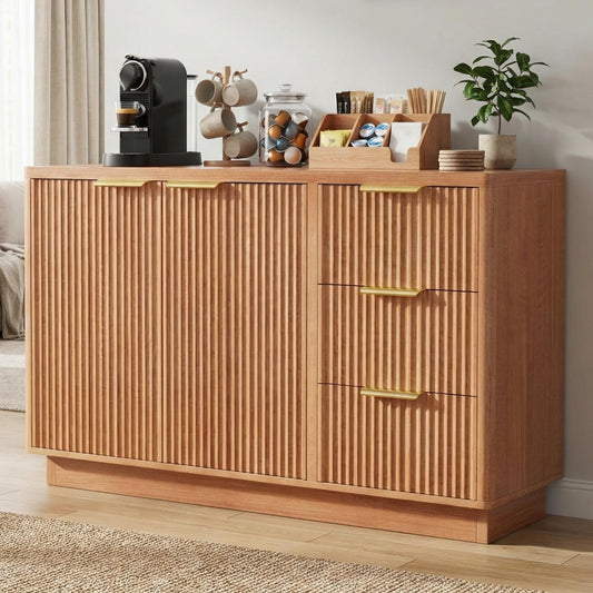 IDEALHOUSE 47" Fluted Sideboard Buffet Cabinet, Coffee Bar Cabinet with 2 Drawers & 3 Doors, Large Capacity Storage Sideboard for Living Room Kitchen Hallway, and Entryway, Natural