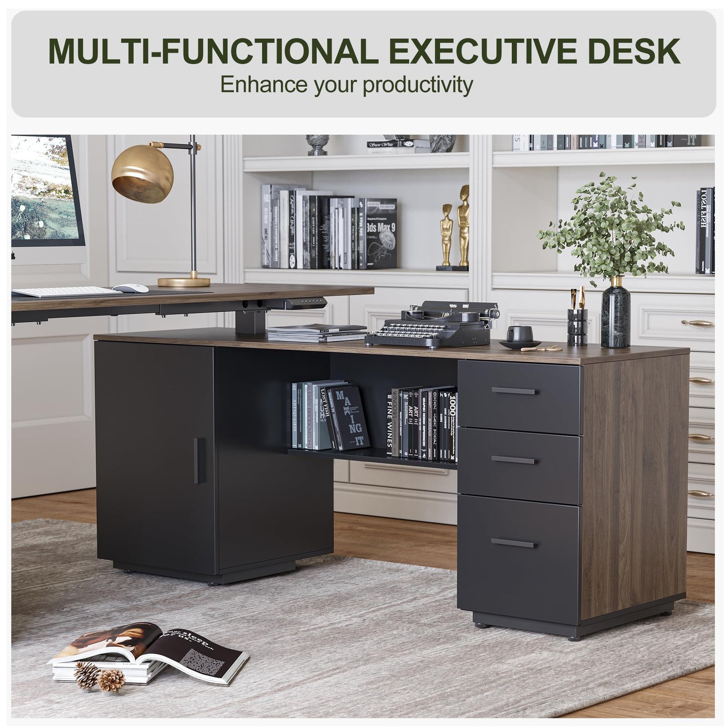 BANTI Executive L Shaped Standing Desk with 3-Drawer File Cabinet, 63" Electric Height Adjustable Stand up Desk for Home Office, Computer Desk with Storage Cabinets, Black Walnut Top