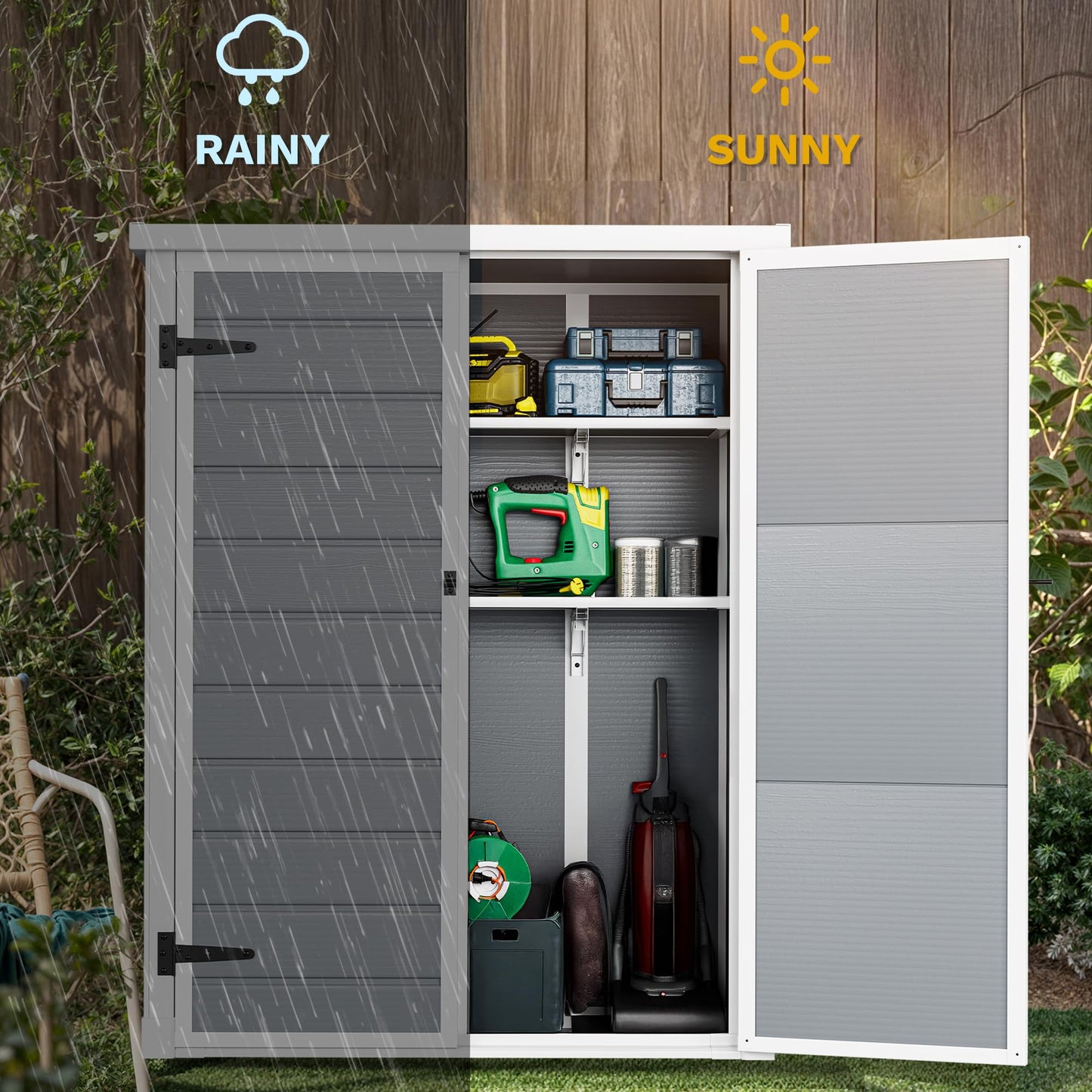 DWVO Outdoor Tall Storage Shed 50 Cuft with 2 Shelves, 4.3x2x5.5ft Vertical Tool Shed with Floor & Lockable Doors, Sturdy Double-Wall Plastic Cabinet for Garbage Cans and Garden Equipment