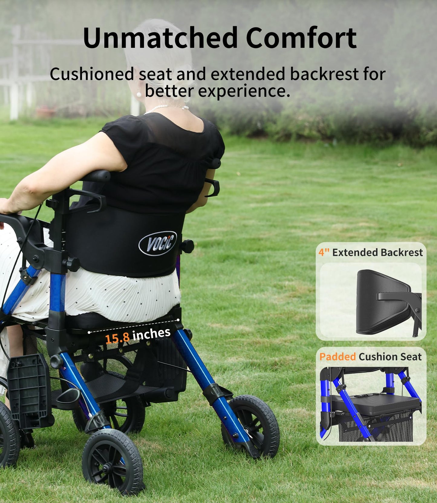 VOCIC Transport-Wheelchair-Lightweight-Foldable, Walker Wheelchair Combo, Rollator-Walkers-for-Seniors-with-Seat, 2 in 1 Rolling Walker, 300lb Adults 4 Wheel Transport Chair w/Brakes & Pouch