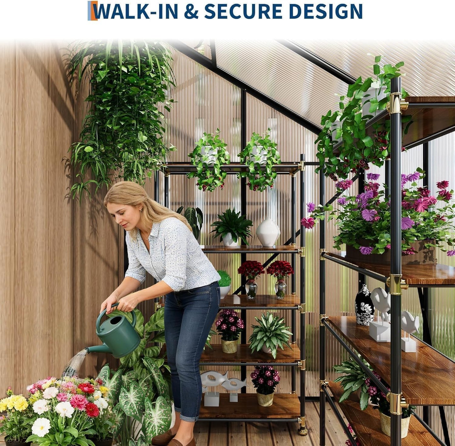 4x4 ft Lean-to Walk-in Polycarbonate Greenhouse,Greenhouse Kit,Lean-to Greenhouse for Outdoors,Portable Wall-Mounted Outdoor Green House with Sliding Door,Adjustable Roof Vent & Rain Gutter