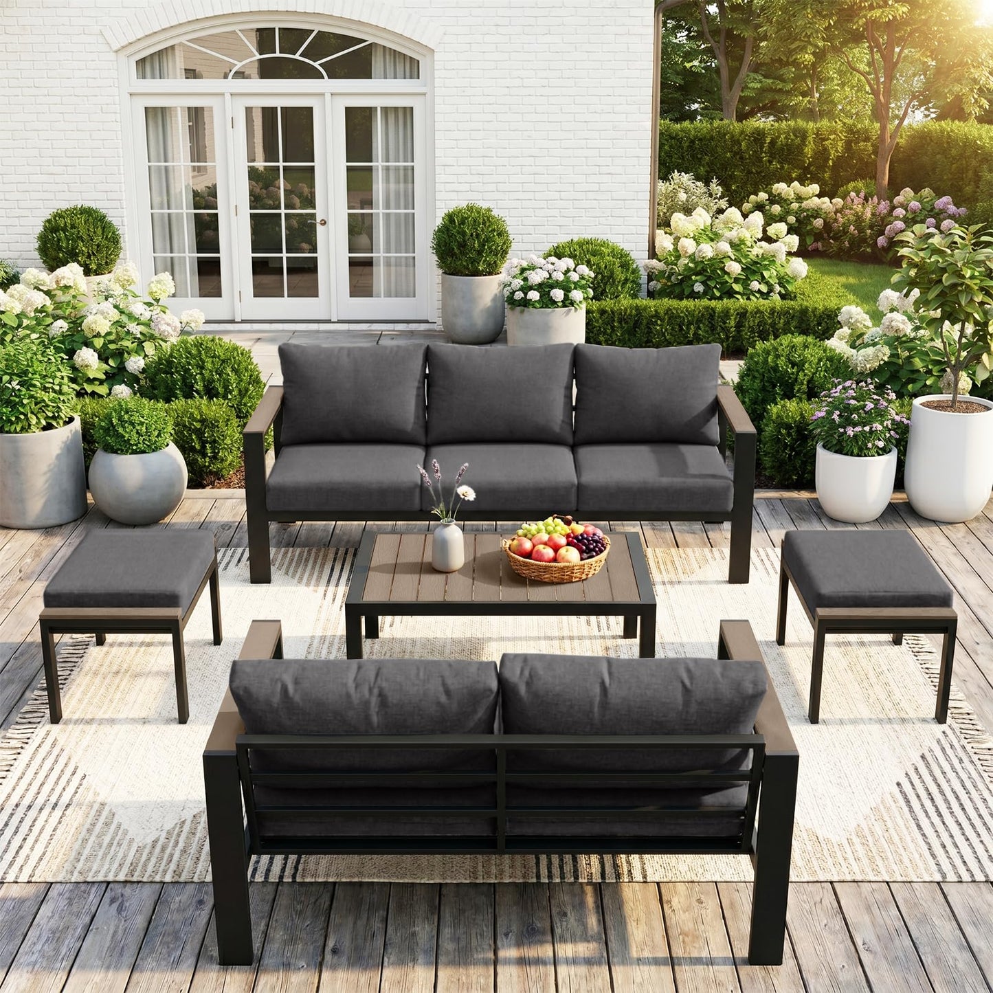 SAILARY Outdoor Patio Furniture Set 5 Pieces Luxury Aluminum Patio Conversation Set with Coffee Table and 2 Ottoman 7 Seats, Thick Cushions, Large Sectional Sofa for Porch, Balcony, Yard, Dark Gray