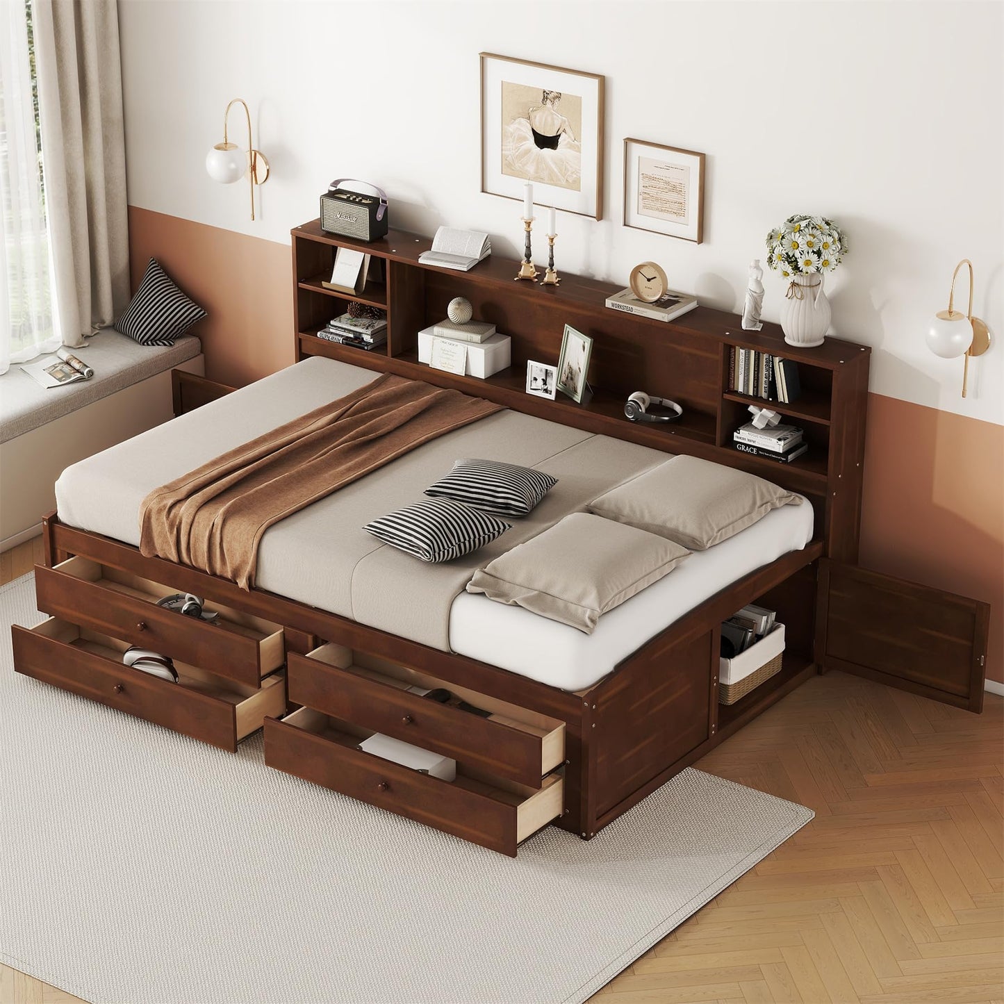 Merax Wooden Captain Bed Frame with Storage,Full Size Platform Bed with Built-in Storage Shelves,4 Drawers and 2 Cabinets,Full Size Daybed for Living Room