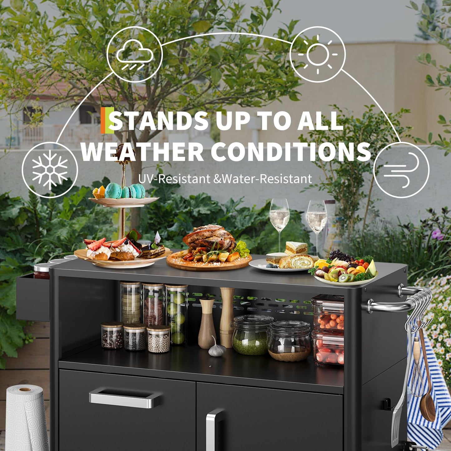Heavy-Duty Outdoor Grill Cart with Stainless Steel Prep Table,Mobile BBQ Island Cart with Spacious Storage Cabinet & Lockable Wheels, Multi-Function Patio Kitchen Station for Grilling & Outdoor