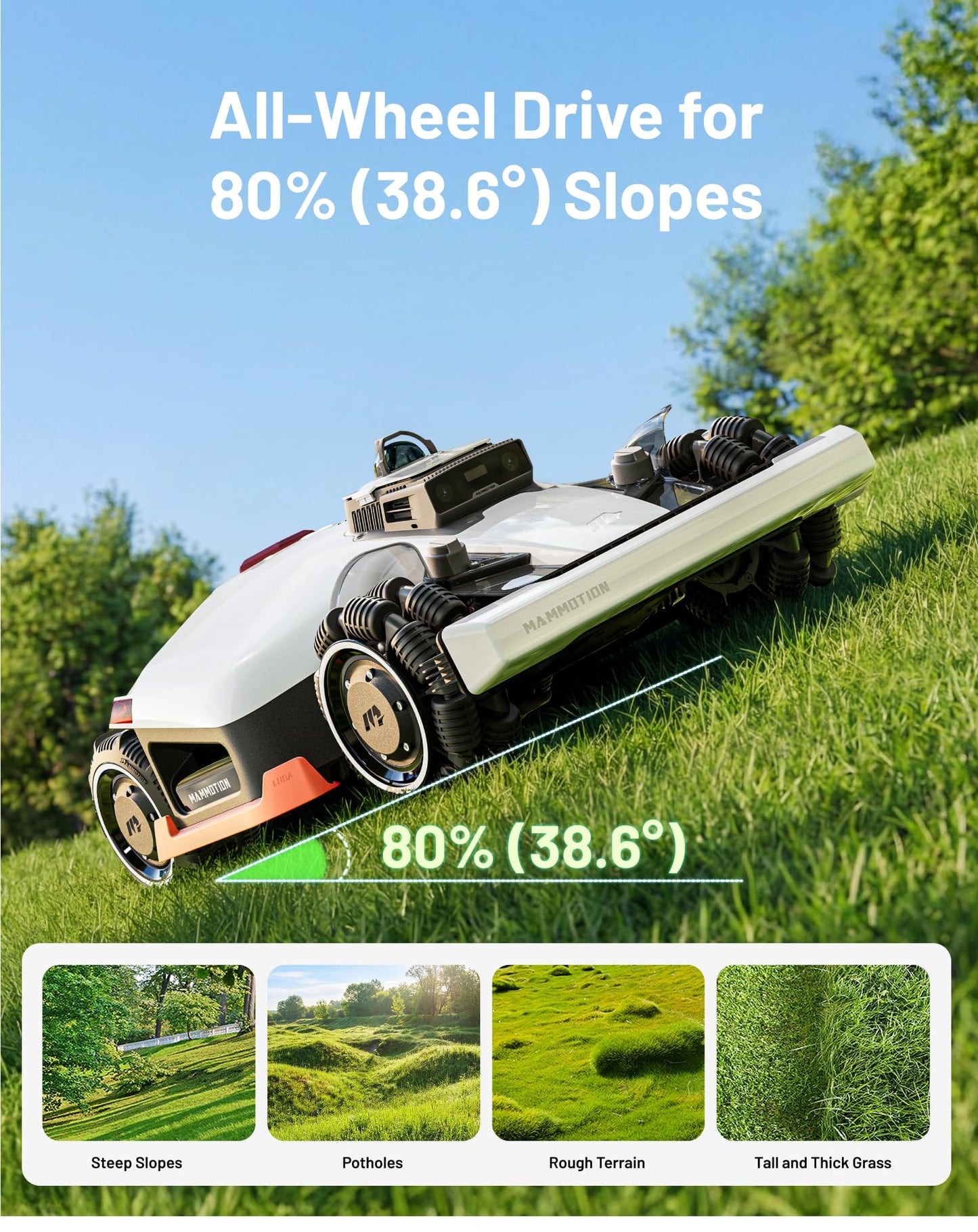 Mammotion LUBA 3 AWD 5000 Robot Lawn Mower, Perimeter Wire Free for 1.25 Acres, All-Wheel-Drive for 80% Slopes, 360° LiDAR+NetRTK+AI Vision, 50 Multi-Zone Management, Cutting Height 1.0"-2.7"