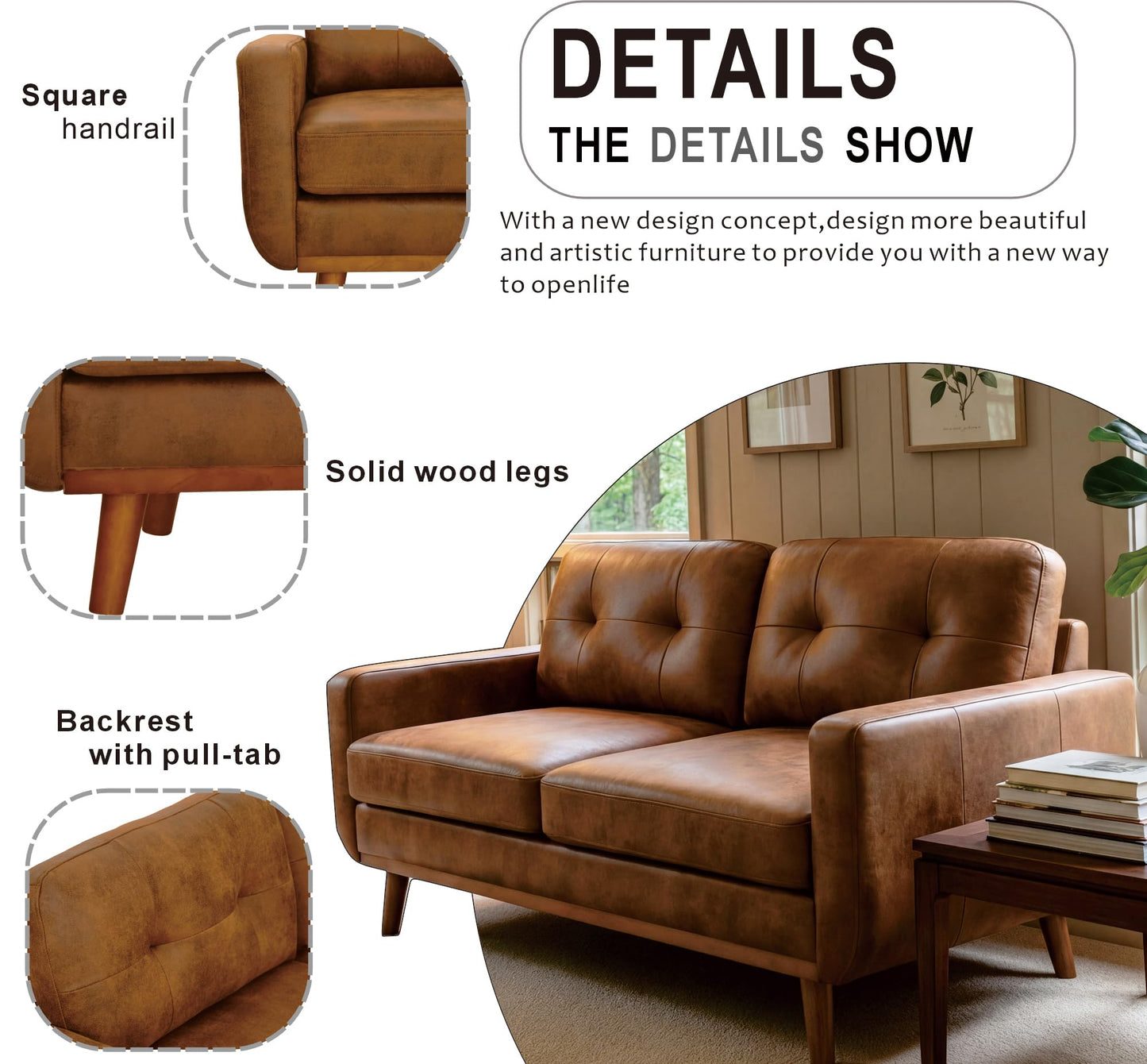 Ball & Cast 65" Loveseat Sofa,Mid Century Modern Love Seat Couches for Living Room,Button Tufted Upholstered Small Couch with Solid Wood Legs for Bedroom,Apartment,Office,Fabric,Light Brown