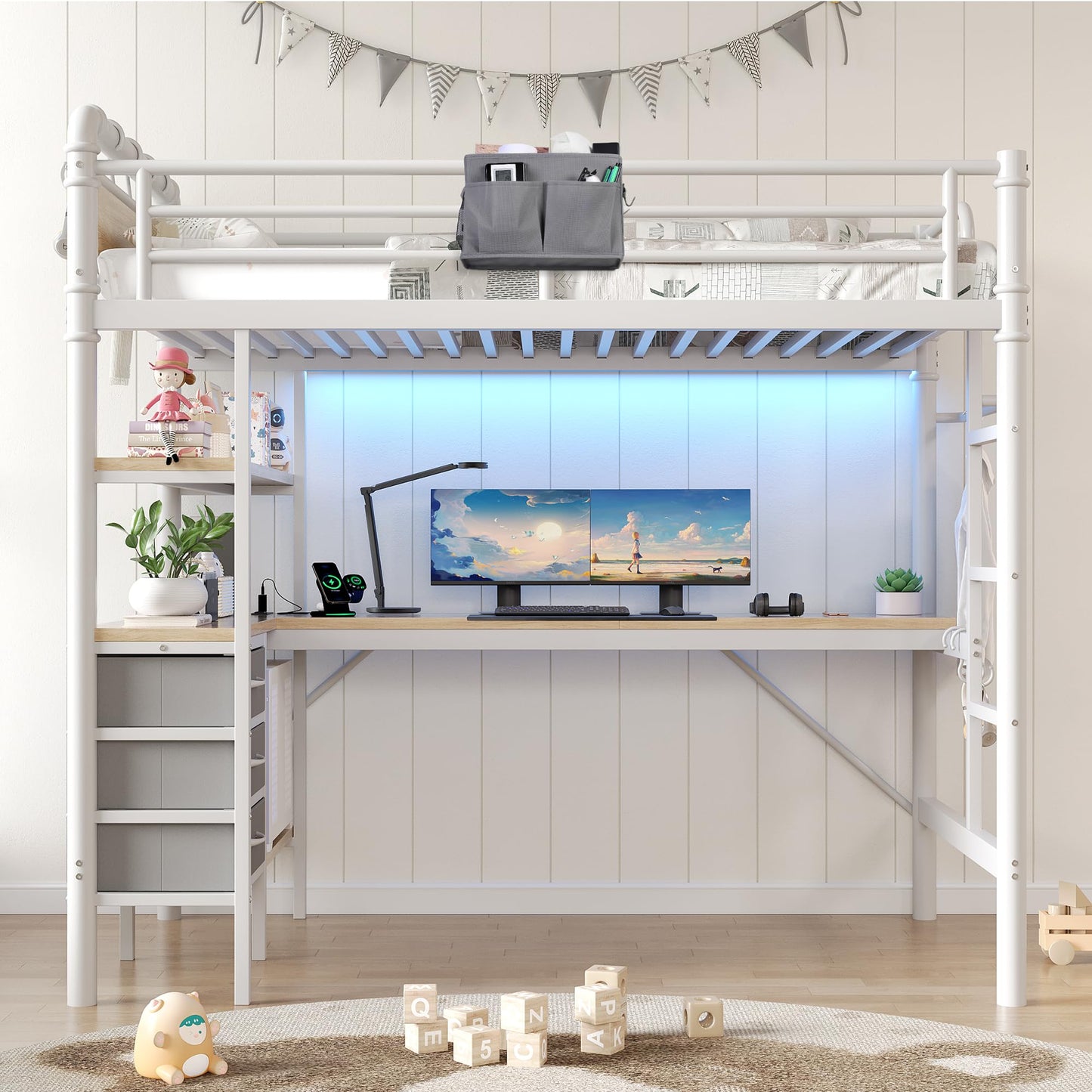 Jocoevol Twin Size Loft Bed with L-Shaped Desk, LED Lights,Charging Station, Industrial Heavy Duty Metal Loft Bed Frame with 3 Storage Shelves and 3 Fabric Drawers, Safety Guard & Ladder, White