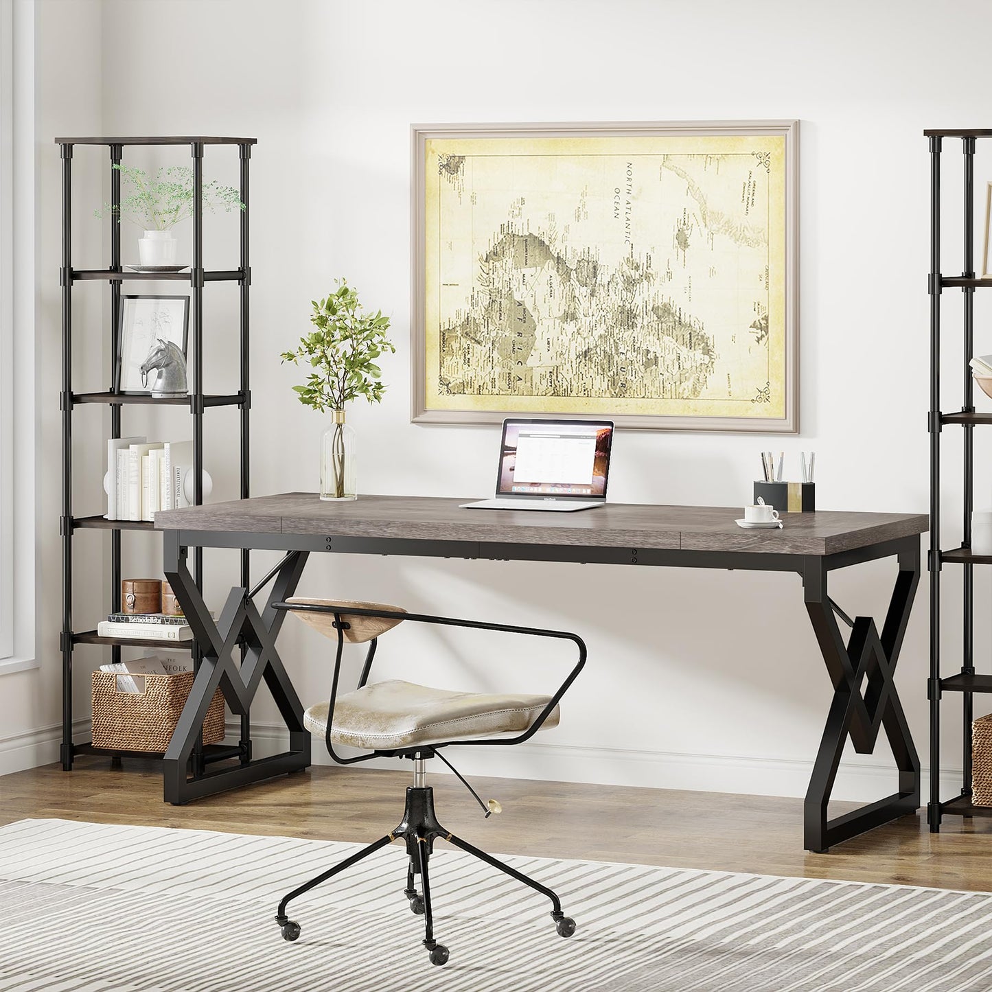 Tribesigns 63 Inch Executive Desk, Large Office Computer Desk with Extra Thick Wooden Tabletop and Metal Frame, Modern Simple Workstation Writing Table Study Desk for Home Office, Gray