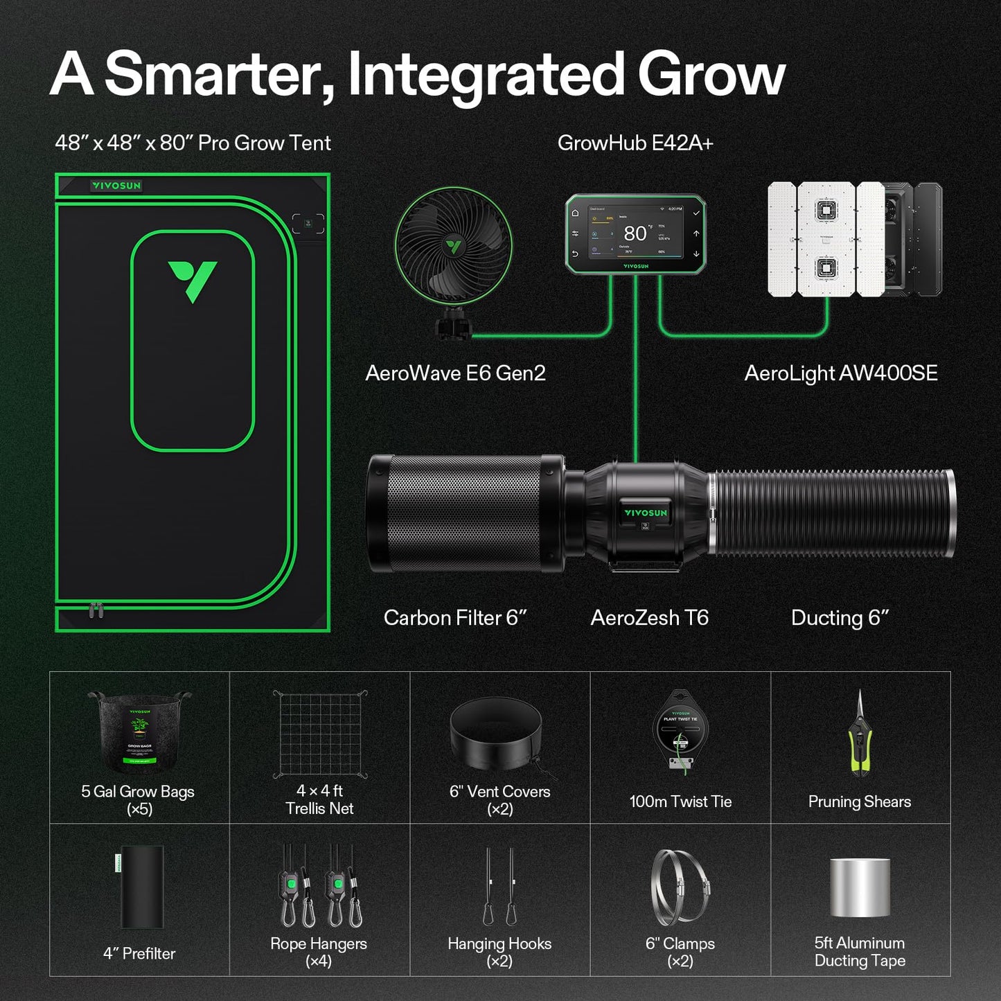 VIVOSUN Smart Pro Grow Tent Kit 4×4 Complete Smart Grow System WiFi-Integrated Automatic Control GrowHub E42A+, 2-in-1 Tunable Spectrum LED Grow Light 400W, 360° Ventilation Control System