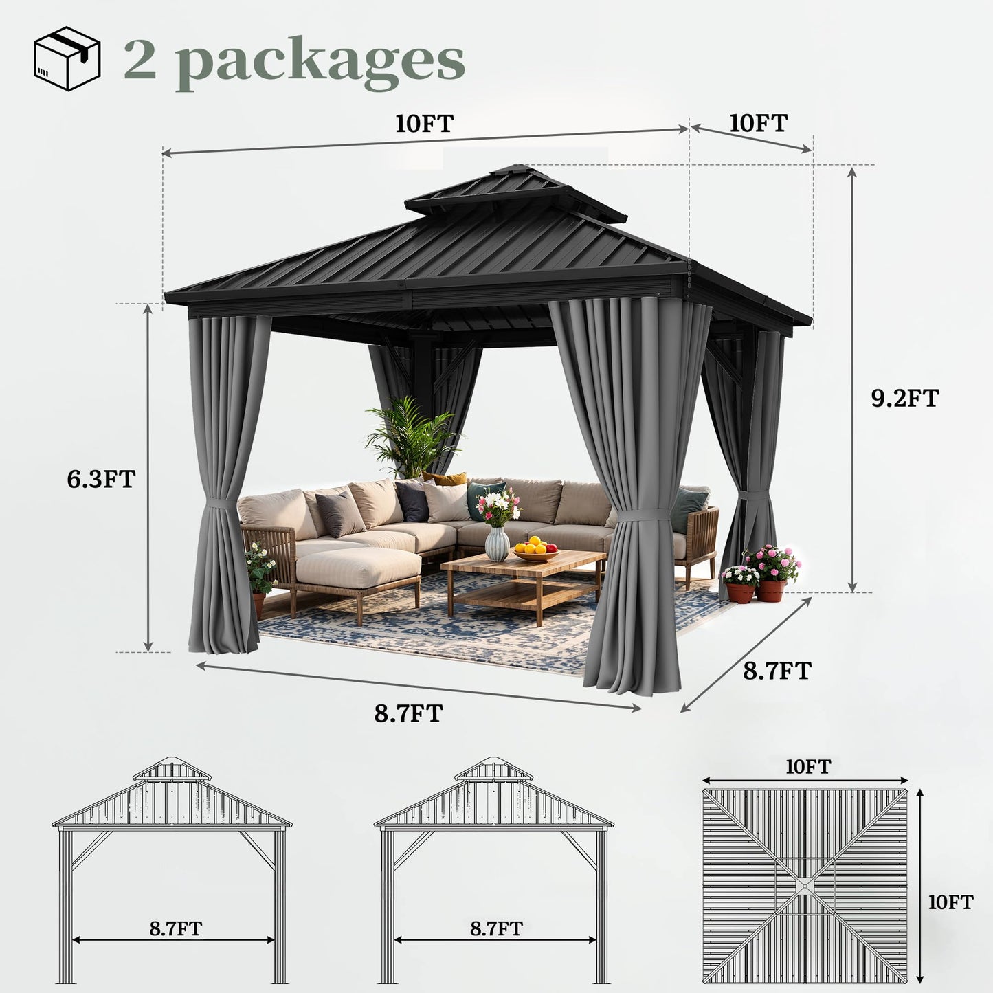 YITAHOME 10X10FT Hard Top Gazebo Patios Outdoor Double Roof Canopy Aluminum Frame Garden Gazebo with Curtains Netting for Backyards Decks Lawns, Gray