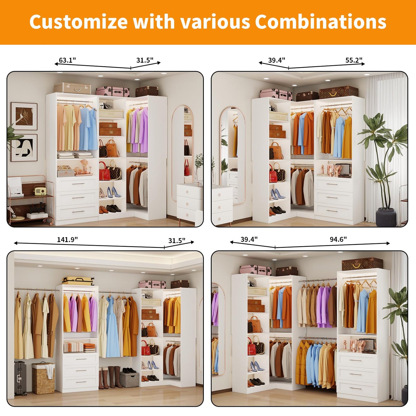 Closet System with 3 Drawers, Corner Closet Organizer Systems with 7 Shelves & 5 Hanging Rods L-Shaped Walk in Closet Freestanding Corner Tower Modular Storage System 2 Sets 1400+ Lbs Capacity White