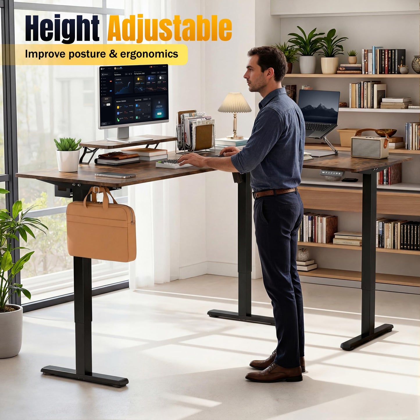 Shahoo L Shaped Electric Standing Desk, 63"x47.2" Corner Height Adjustable Sit Stand Desk with Monitor Riser, Ergonomic Stand Up Desk, 154 LBS Load Capacity Quiet Motor Home Office Computer Desk