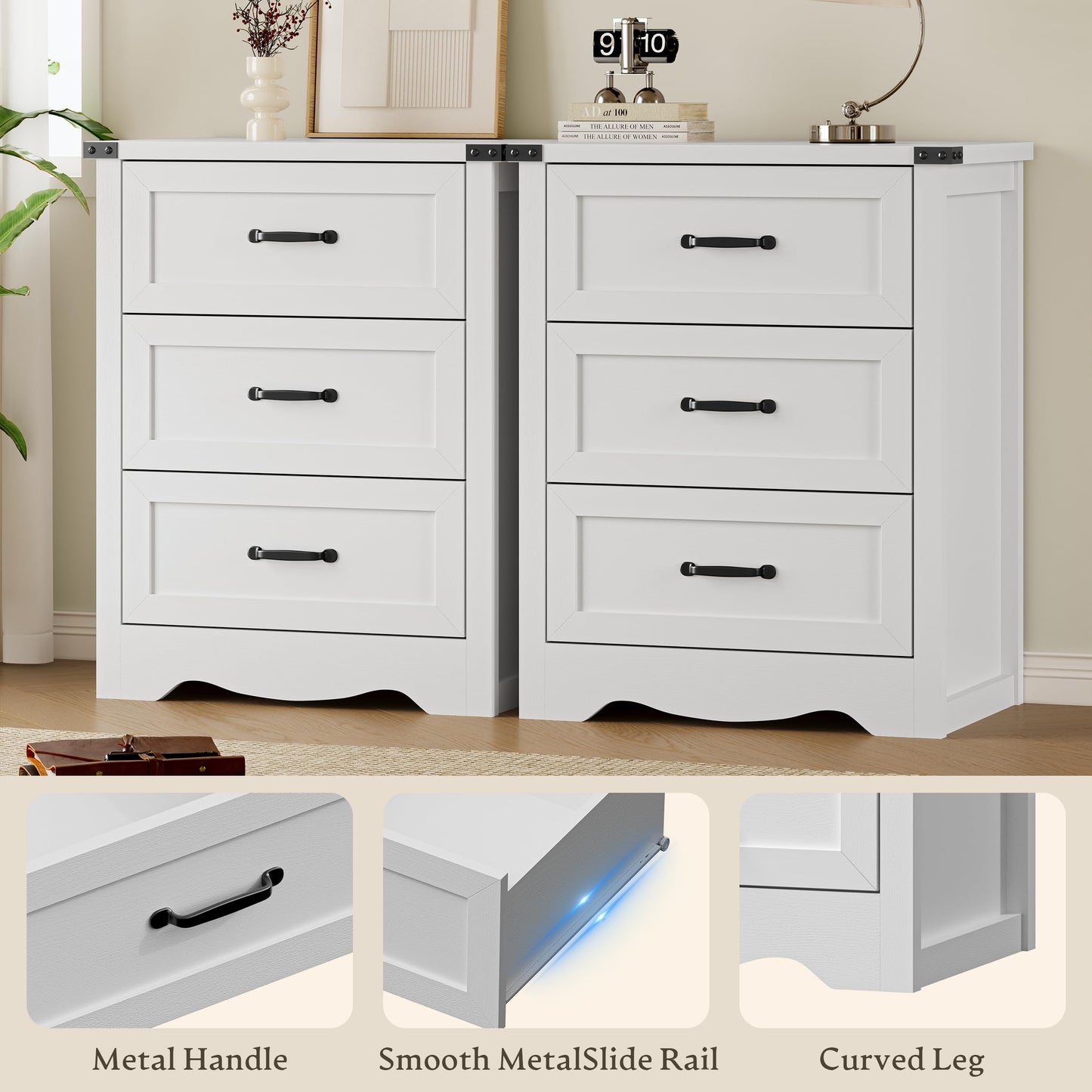 BORNOON Night Stand Set of 2, 3 Drawers Bedside Table Dresser with Metal Handles, Sturdy Wooden End Side Table Storage Cabinet with Anti-Tipping Design for Bedroom