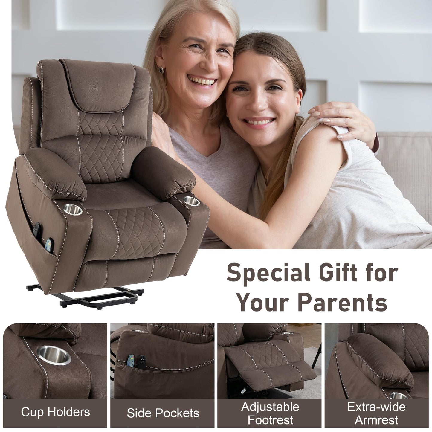RHHVVR Oversized Power Lift Recliner Chair for Big and Tall 400 LBS Elderly, 26" Large Electric Recliner Chair with Massage and Heating, Lay Flat Zero Gravity Recliner Sofa, Velvet Coffee Brown