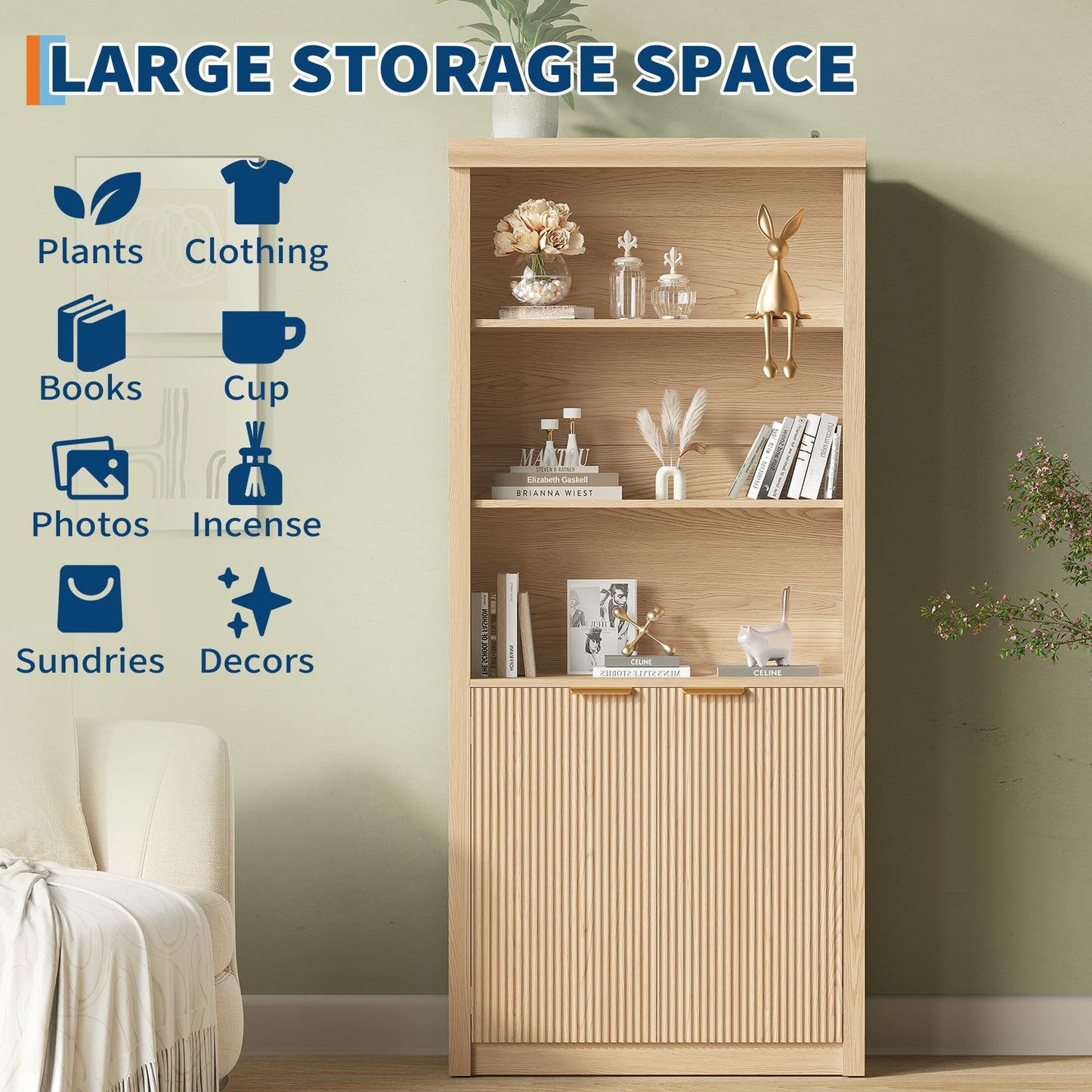 Garvee Tall Book Shelf and Bookcase, Wooden Bookcase with Doors, Modern Book Case with Large Storage Cabinet, 5-Shelf Bookcases with Adjustable top Shelve for Home Office, Living Room, 2 Set Oak