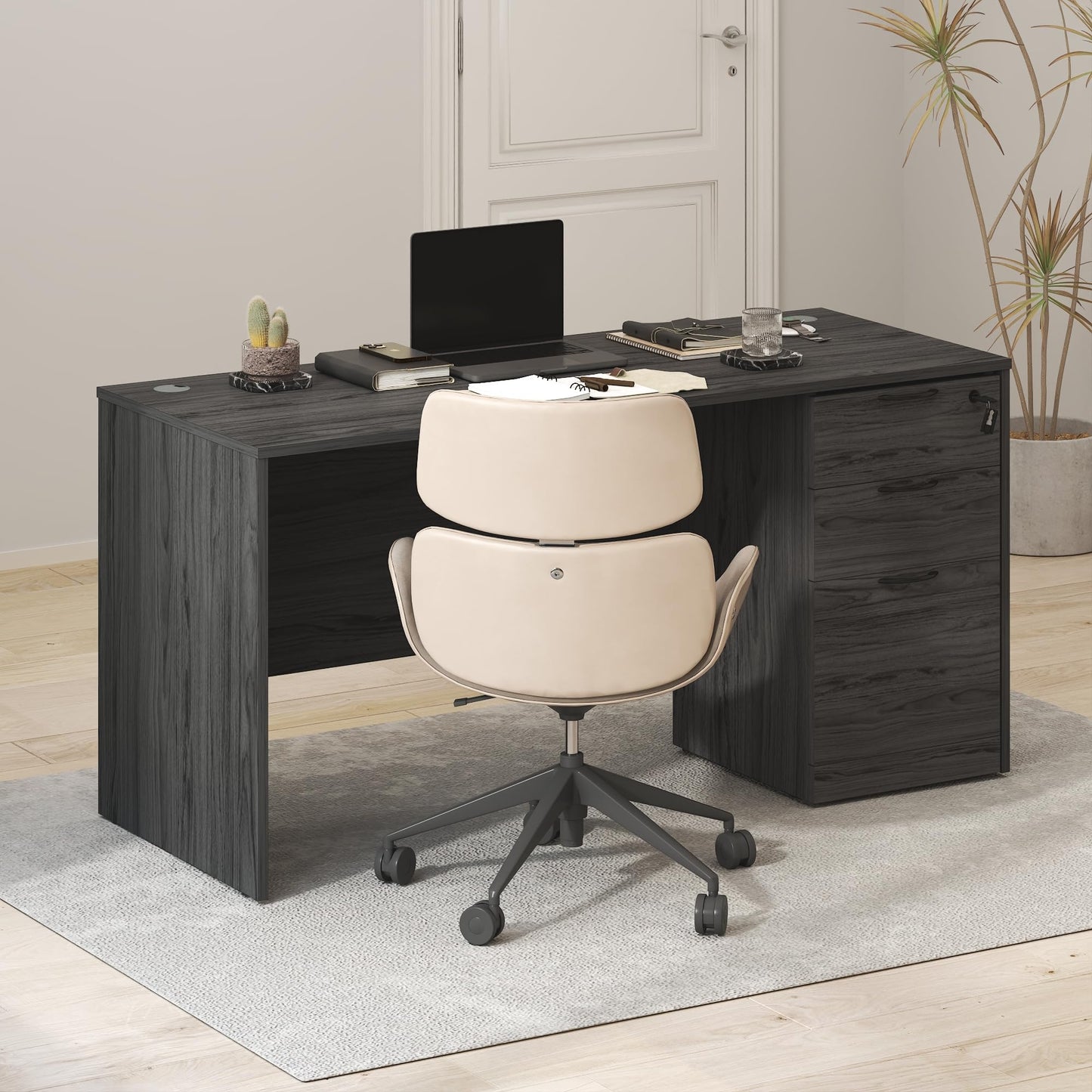 Furinno Roger 60 Inch Executive Desk with File Cabinet, Home Office Desk with 3-Drawer Fixed Pedestal Filing Cabinet, Desk Cord Grommet, for Home Office, Antique Grey