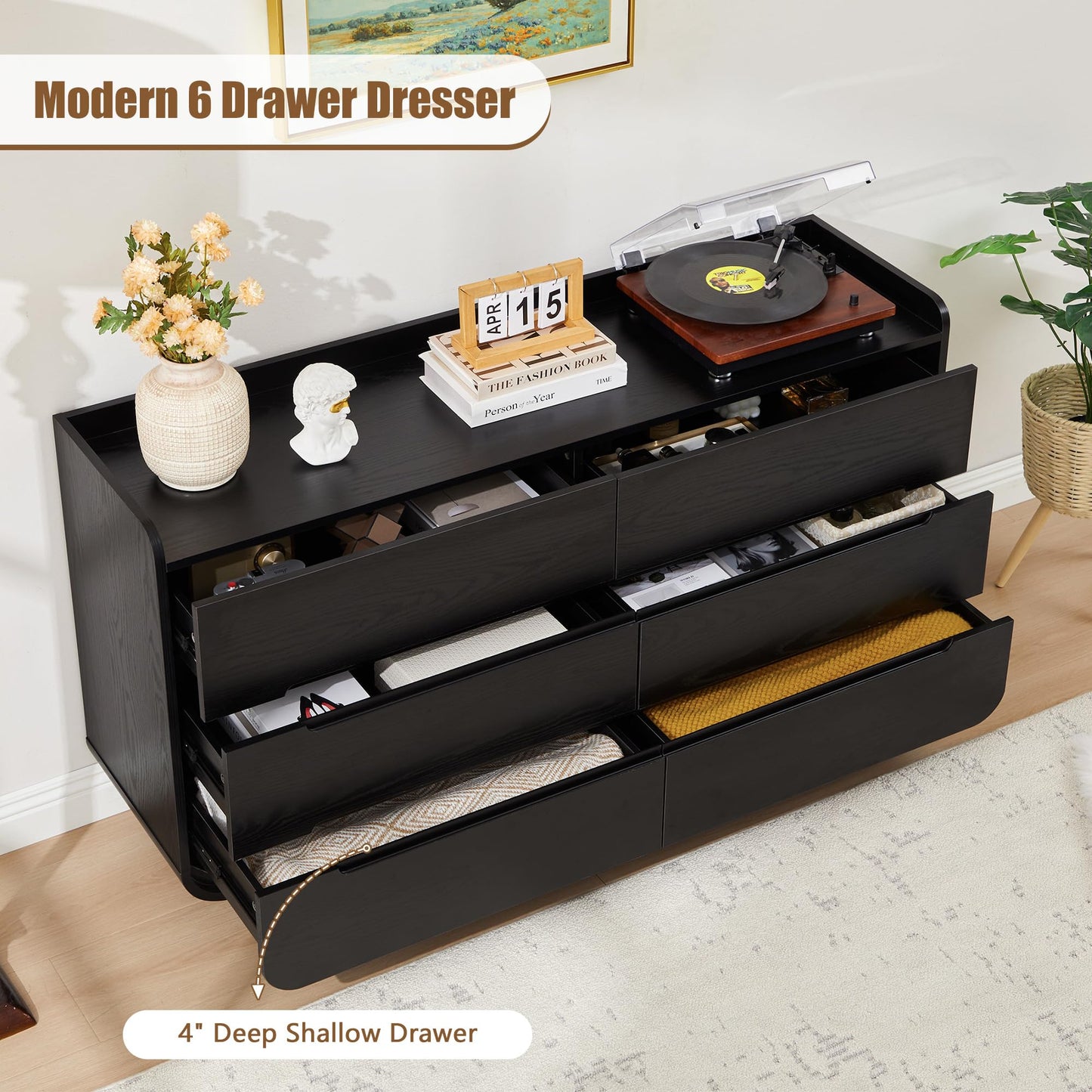 YUCHIATH Curved 6 Drawer Dresser for Bedroom, Modern 53-Inch Chest of Drawers, Wood Storage Dresser Organizers with Hidden Handles, 6 Drawer Dressers for Bedroom, Nursery, Living Room, Black
