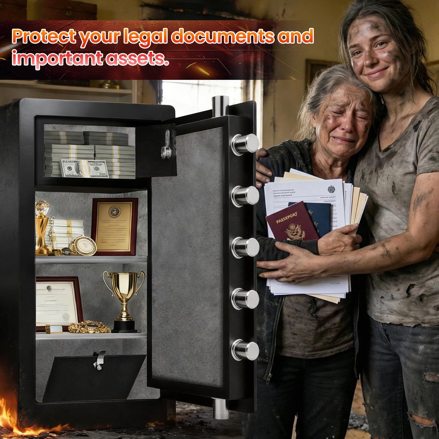9.0 Cuft Large Fireproof Waterproof Safe for Home, 1800°F Fire Protection for 30 Minutes, 85 LBS Heavy Duty Biometric Safe with Fingerprint Keypad Lock, Anti-Theft Alarm for Documents and Valuables