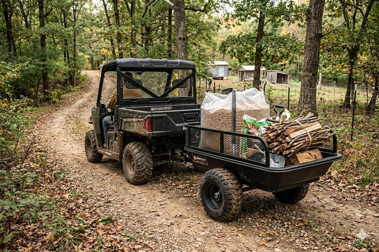 IMPACT IMPLEMENTS® 1500lb Poly Tub Agricultural Trailer from USA Outdoors Company. Includes Optional 2" Coupler, 18" x 8" Tires, and Pivoting Feature.