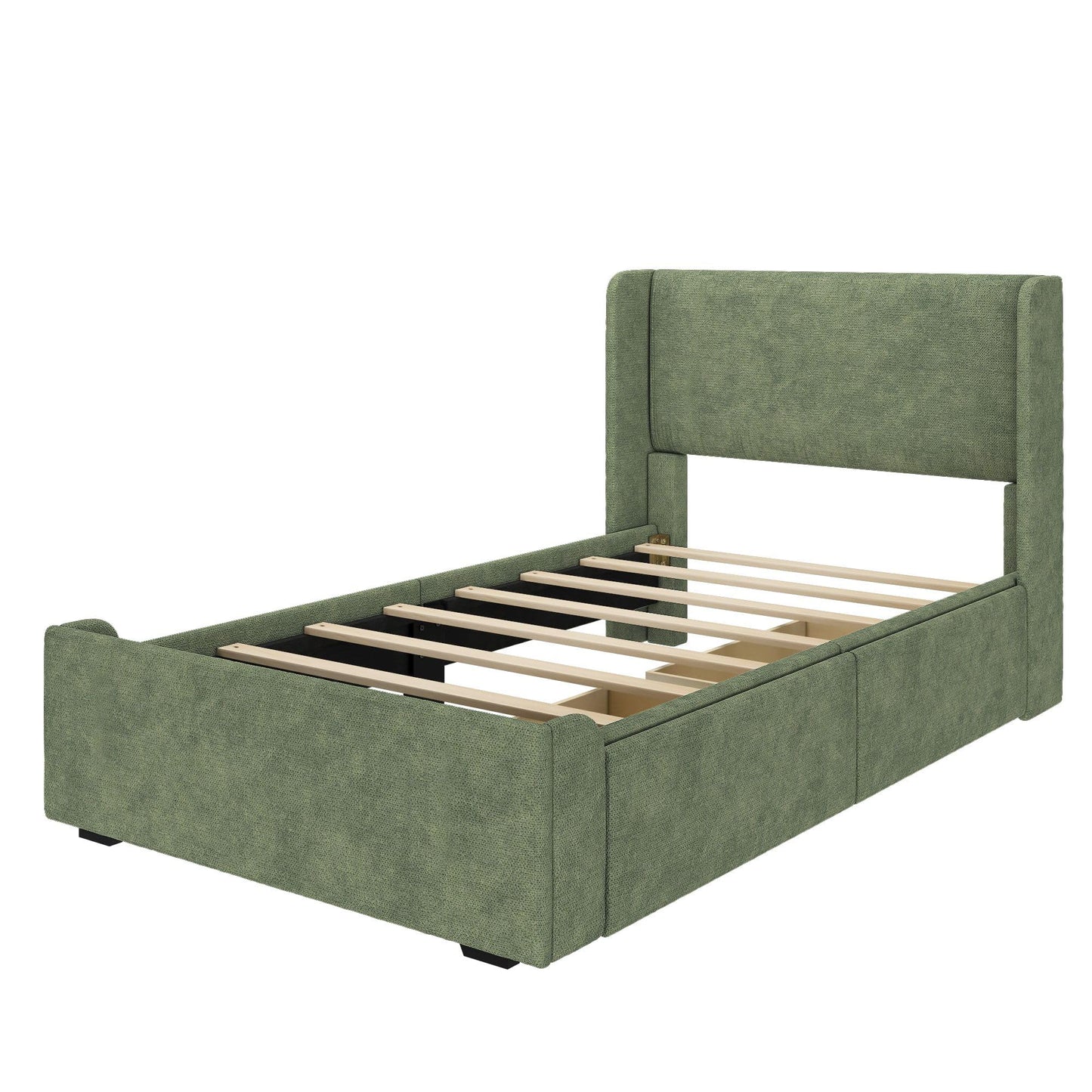 Max & Lily Upholstered Twin Bed Frame with Rectangular Headboard and Two Storage Drawers, Upholstered Platform Bed for Kids, No Box Spring Needed, Easy Assembly, Green