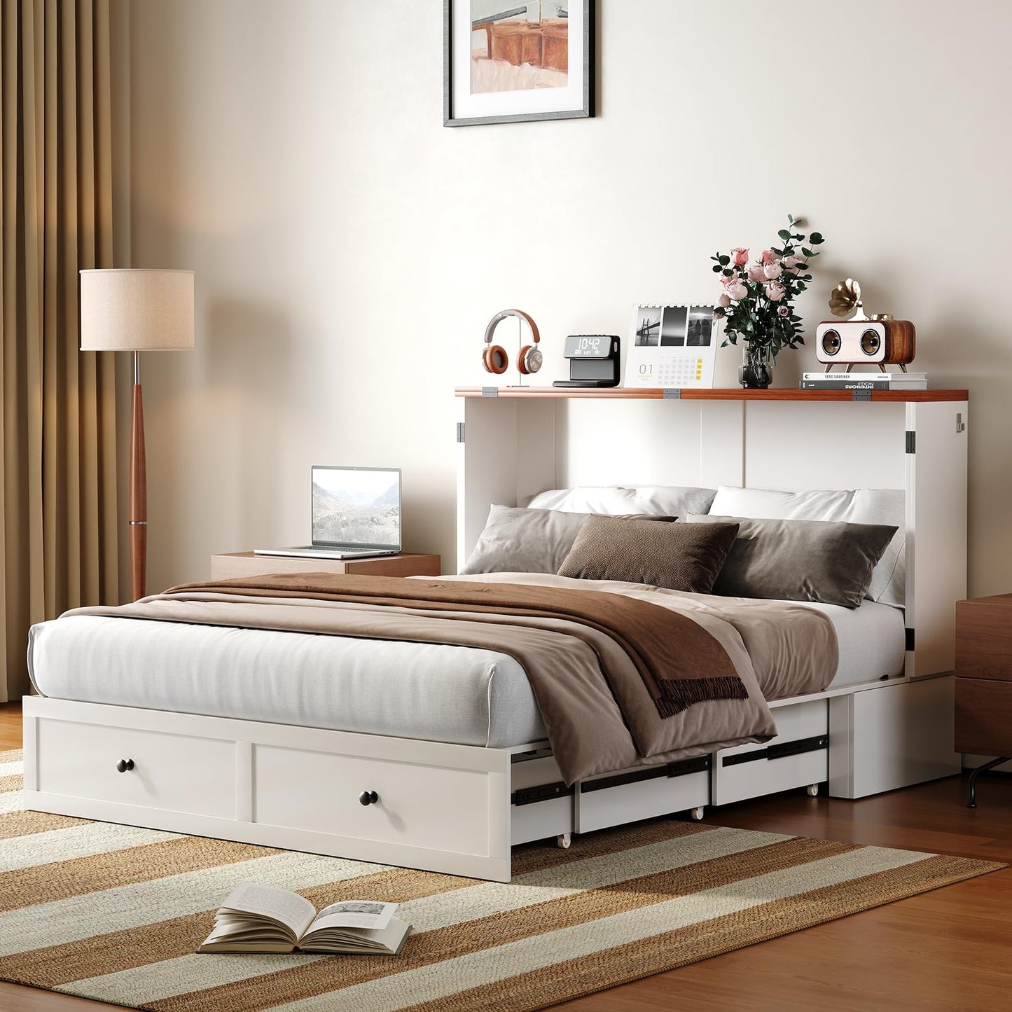 Mjkone Queen Size Murphy Bed, Storage Drawers, Hidden Folding Cabinet Bed with USB Charging Station, Space Saving Wall Chest Beds for Bedroom Living Room, White（No Mattress）