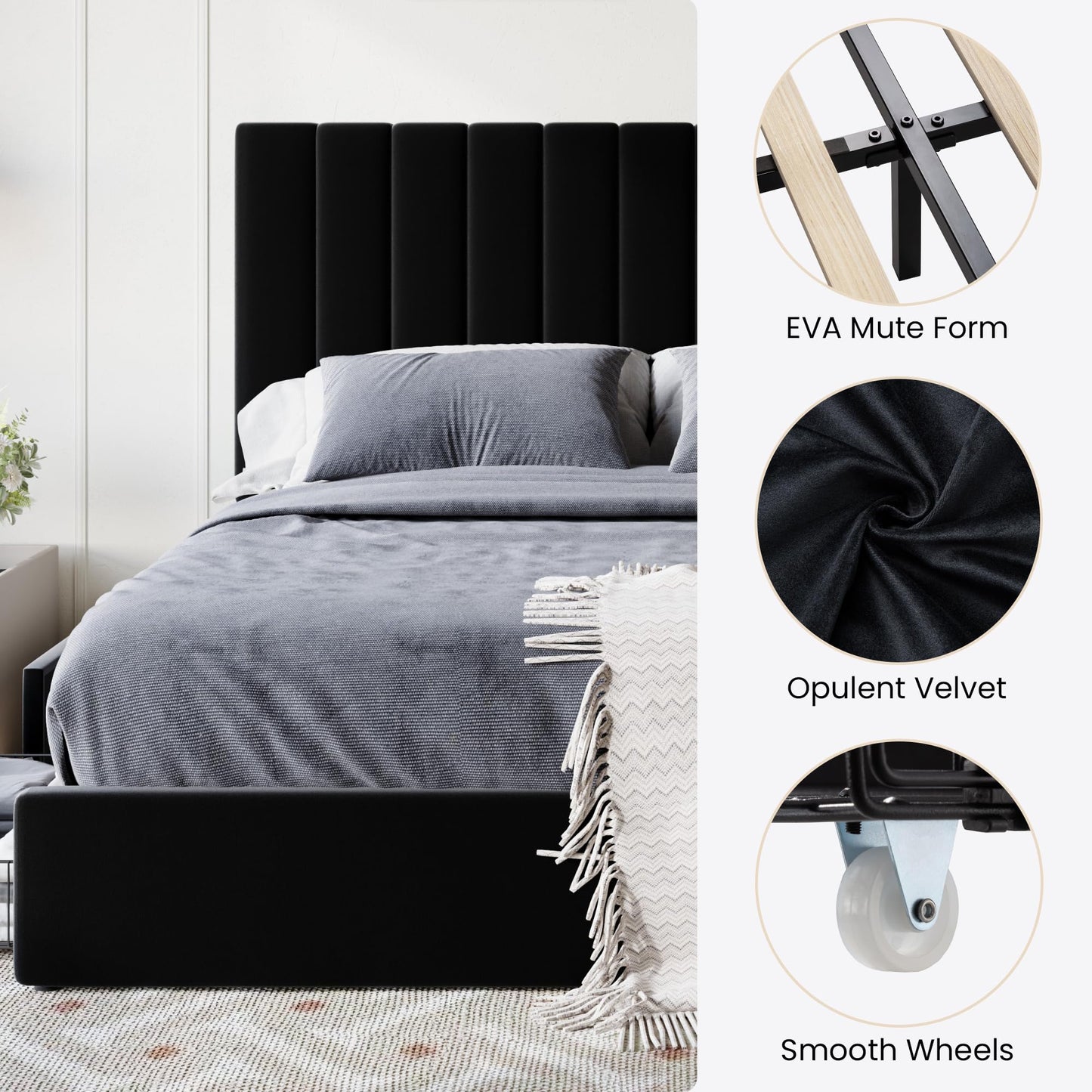 SHA CERLIN Queen Size Platform Bed Frame with 4 Storage Drawers, Vertical Channel Tufted Adjustable Headboard, Velvet Upholstered, Wooden Slats Support, No Box Spring Needed, Easy Assembly, Black