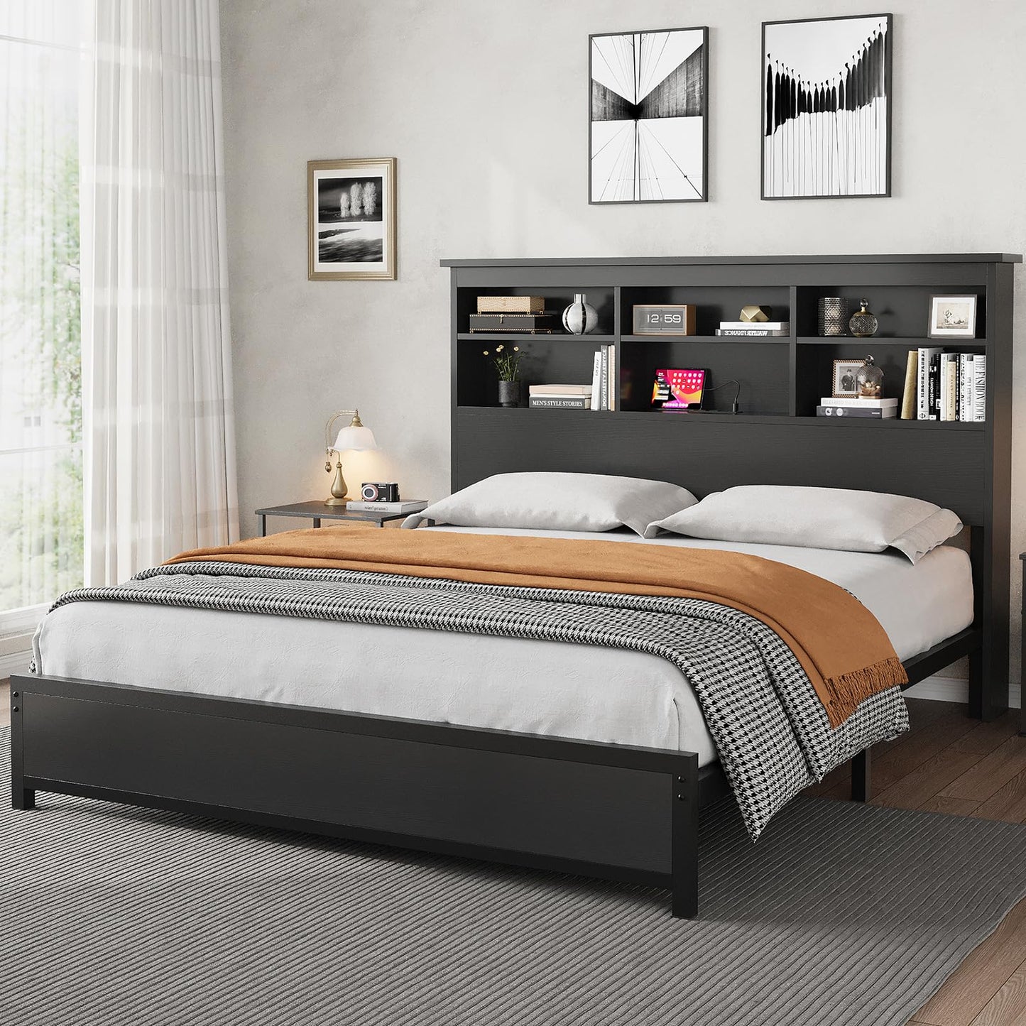 GarveeHome Queen Size Bed Frame with Bookcase Headboard, 2-Tier Storage Queen Platform Bed with Charging Station, No Box Spring Needed Easy Assemble Black Mattress Foundation for Bedroom