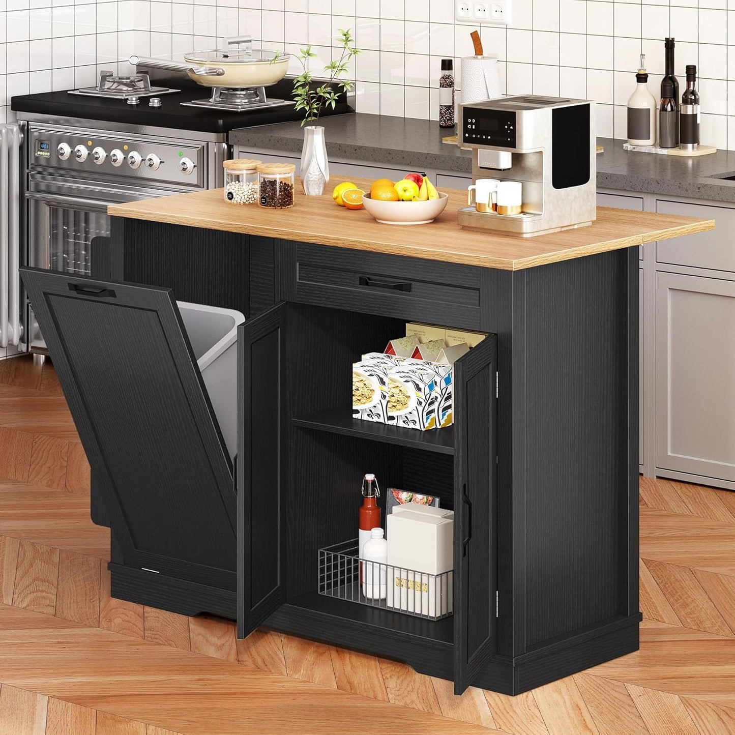 DWVO Tilt-Out Kitchen Trash Cans Cabinet, 50 Inch Rolling Kitchen Island with Drop Leaf, Portable Mobile Storage Island, Hidden Waste Bins Cabinet for 13 Gallon Garbage Bin, Black