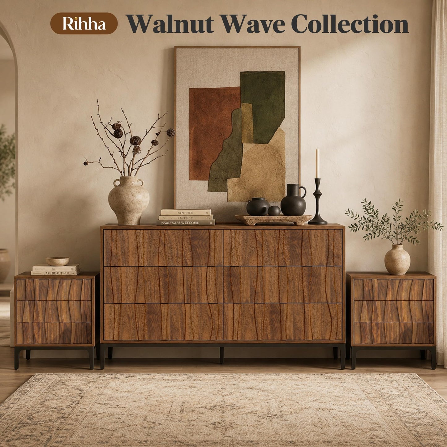 Mid-Century Modern Walnut Nightstands Set of 2, Wide Bedside Tables with 3 Drawers Each, Sculpted 3D Wave Front, Push-to-Open Handle-Free Drawers & Black Metal Legs