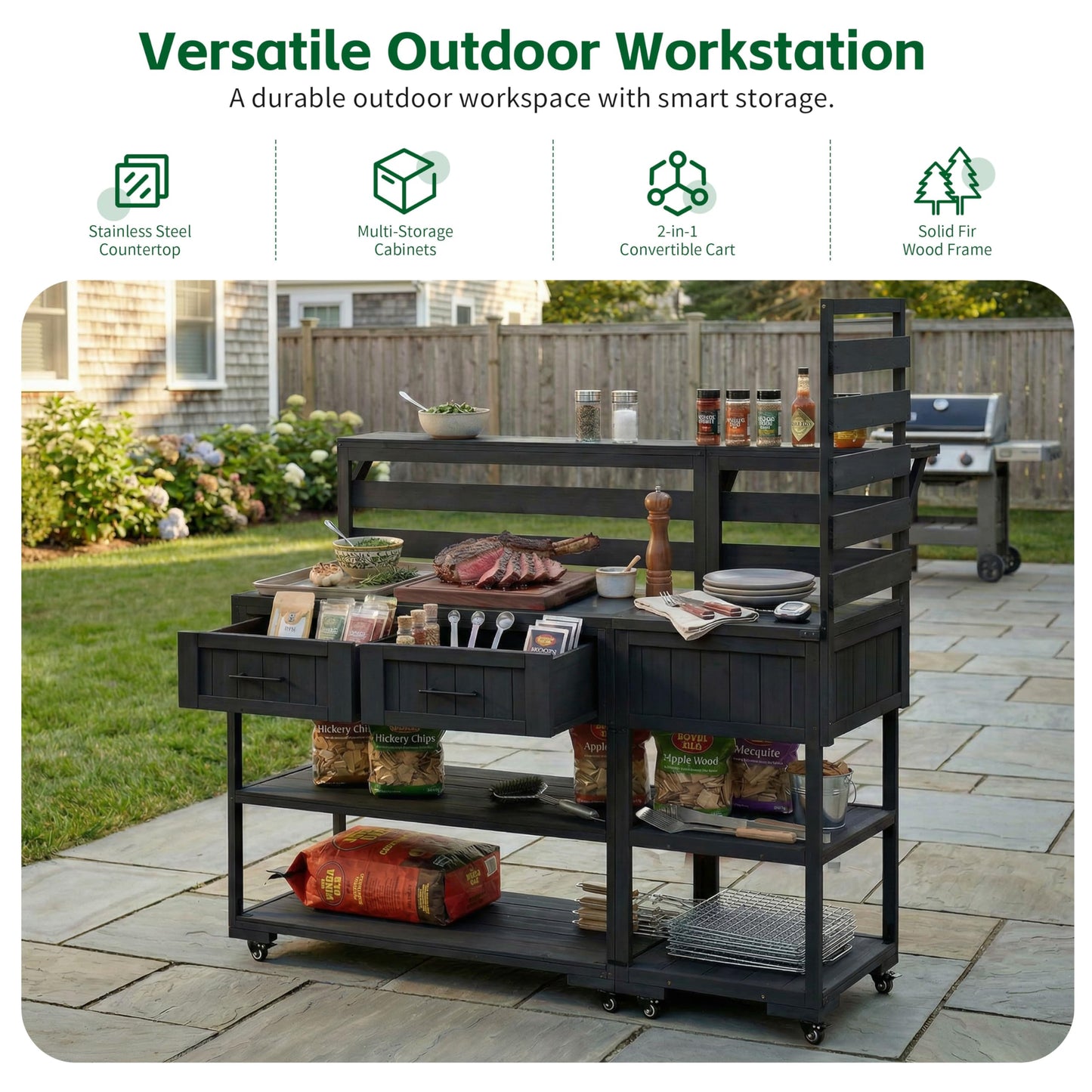 Merax 62.3'' Outdoor Mobile Kitchen Island on Wheels with Stainless Table Top, Outdoor Prep Cart Grill Table with Raised Shelf and Drawers for BBQ, Party, Black