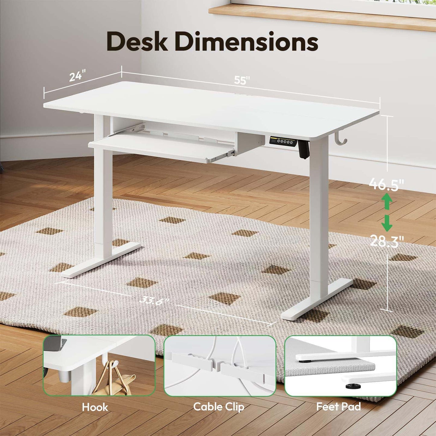 Gamork Electric Standing Desk with Keyboard Tray,55x24 inches Adjustable Height Stand Up Desk,3 Preset Heights,Equipped with Hooks,Raising Desks for Home Office and Computer Workstation,White