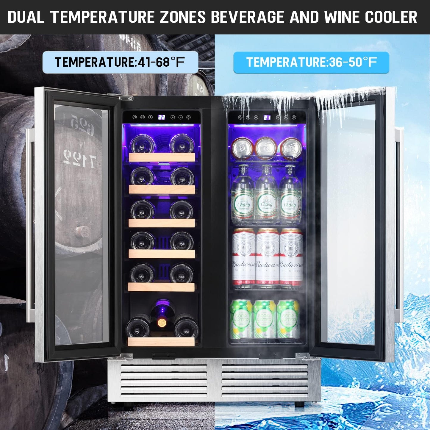Antarctic Star 24 Inch Dual Zone Wine and Beverage Refrigerator, Built-in or Freestanding Mini Fridge with Clear Glass Door & LED Light, for Beer, Soda, and Wine