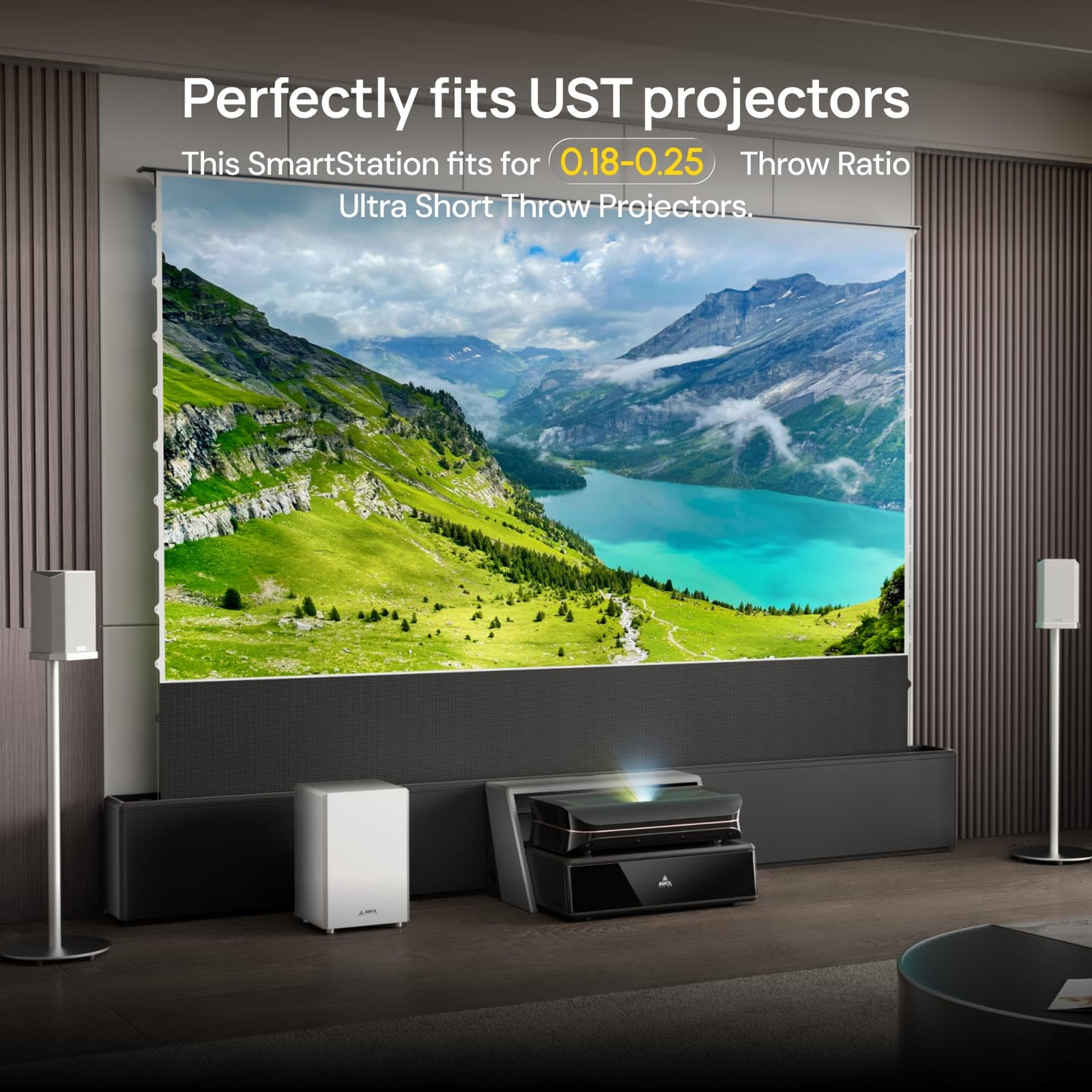 AWOL RGB Glow Station, 130" Universal UST Projector Stand/Base with RGB Ambient Lighting, Remote-Control LED, Cable Management & 4-Outlet Power, Fits Most Ultra-Short-Throw Projectors
