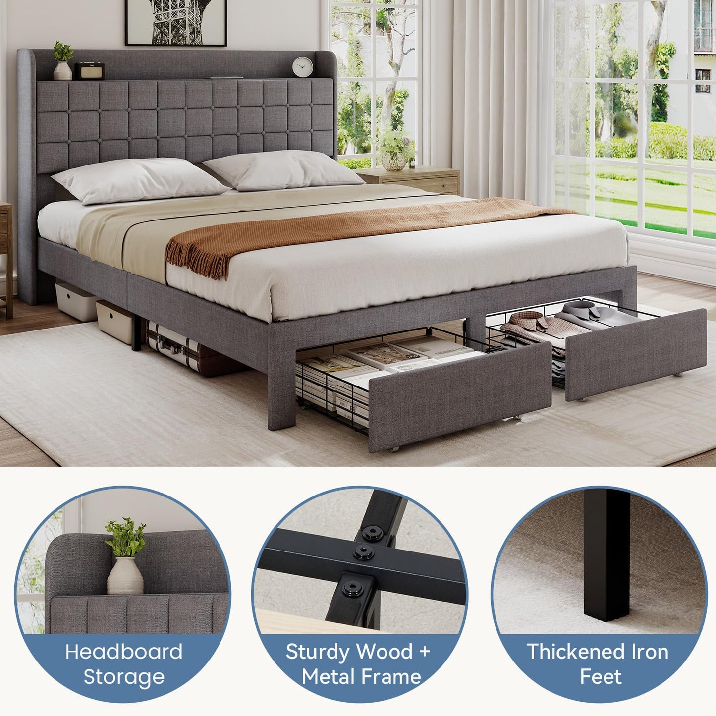 OLIXIS Queen Size Bed Frame with Headboard, Upholstere Platform Bedframe with 2 Fabric Underbed Storage Drawers, Mattress Foundation with Wooden Slats Support, Easy Assembly, Gray