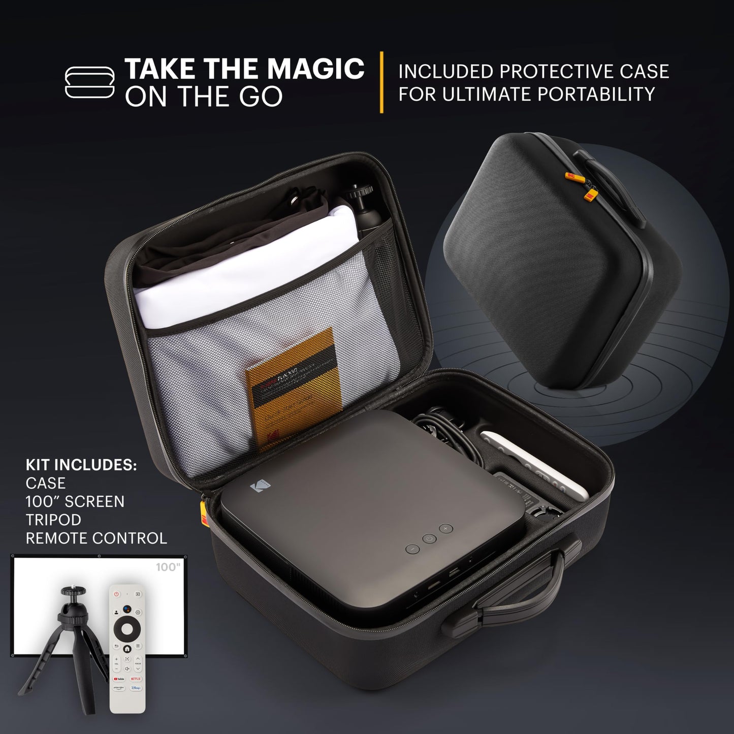 KODAK Flik X20 1080p Smart Projector - 1080p, 300 ANSI Lumens - Portable Projector with Wi-Fi, Bluetooth, ATV Dongle & Android TV 12 - Auto-Focus & Keystone Correction with 100" Screen & Tripod
