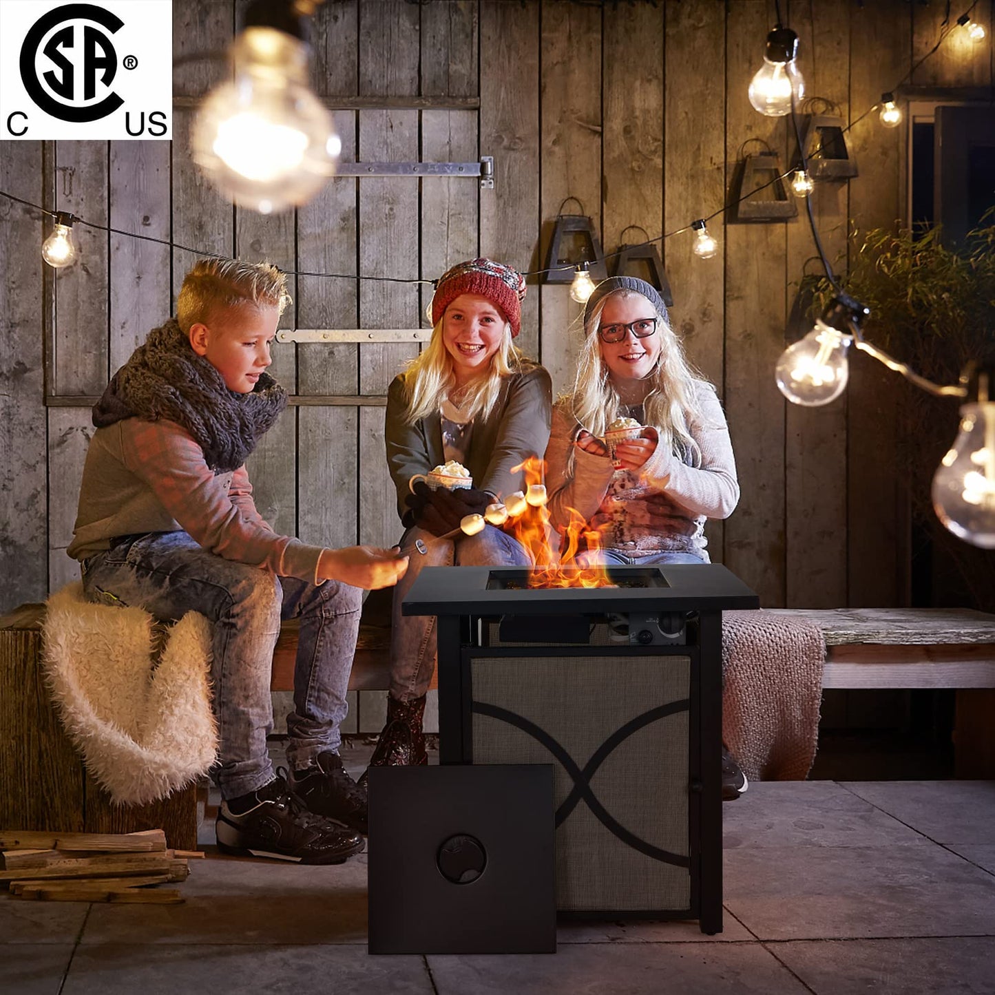 COOURIGHT Propane Fire Pit Table, 25" 40000 BTU Wicker-Look Square Fire Pits w/Lid, Fire Glass, Auto Ignition, Adjustable Flame, CSA Approved, Outdoor Steel Fire Table for Patio, Garden, Backyard