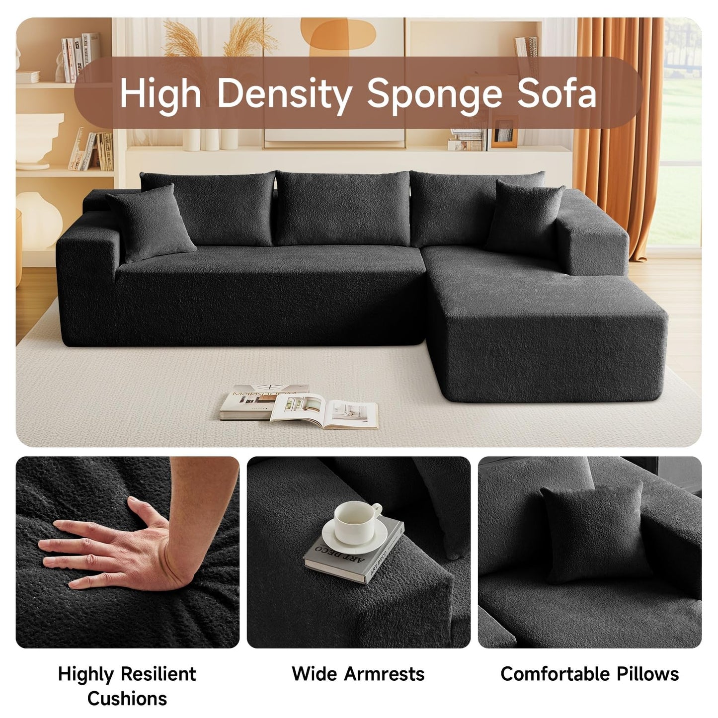 Trygoal 103” L Shaped Cloud Sectional Boneless Couches for Living Room, Modern Modular Sofa Couch with Chaise, Comfy Deep Seat Living Room Furniture Set, No Assembly, Black