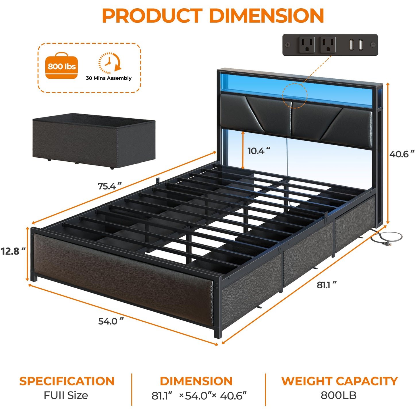 OURPIC Full Size Bed Frame, 2-Tier Storage Headboard & 6 Fabric Drawers, PU Leather Upholstered Platform Bed Frame Full with Charging Station and LED Lights, No Box Spring Needed, Noise Free