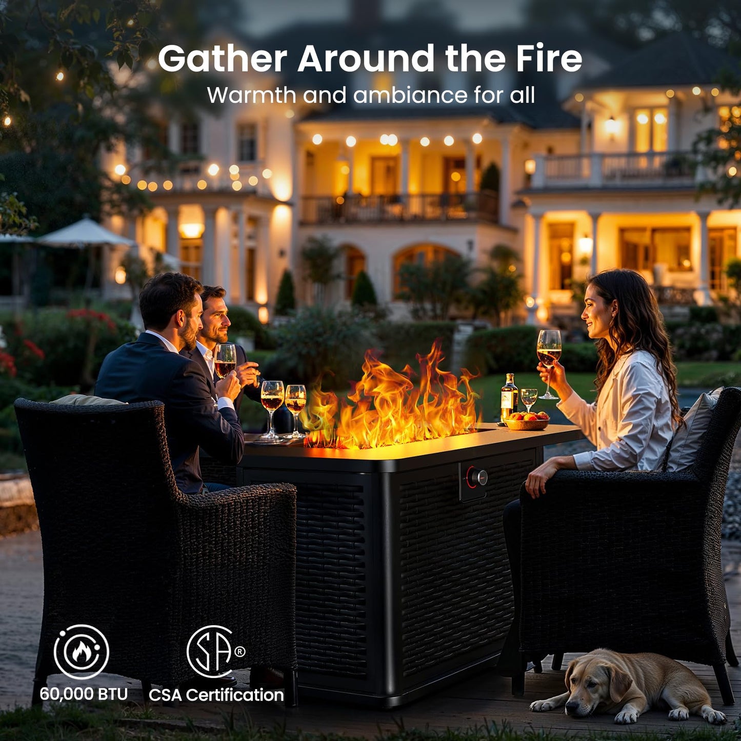 Ciays 43-Inch Rectangular Propane Fire Pit with 60,000 BTU Output, Gas with Cover & Rocks, Table CSA-Certified 2 in 1Table Gatherings Parties with 304 Stainless Steel H-Burner