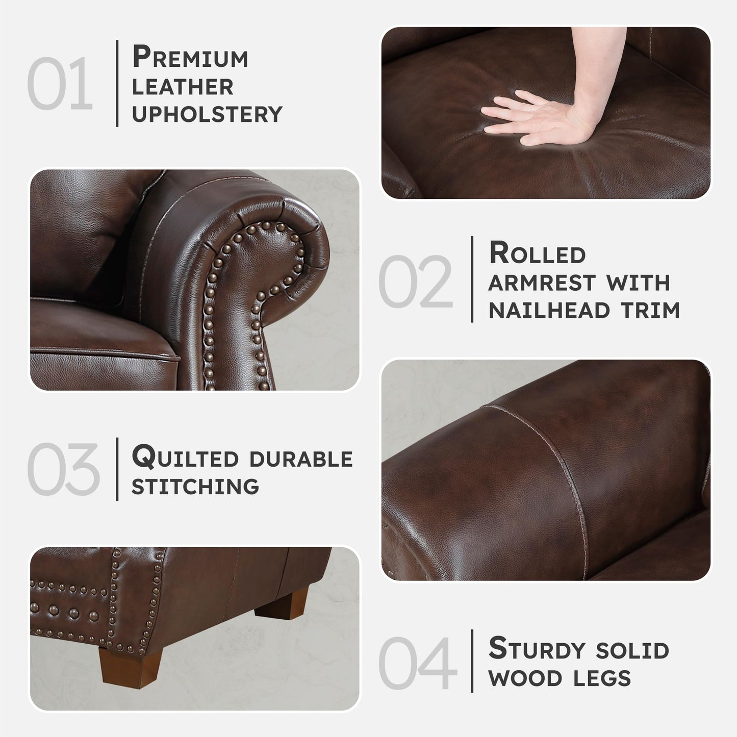 Lexicon 64.5" Loveseat, Top Grain Leather Match Loveseat Sofa with Nailhead Trim, Rolled Arms, Solid Wood Legs, 2 Seater Couch for Living Room/Apartment/Office, Easy Assembly, Brown